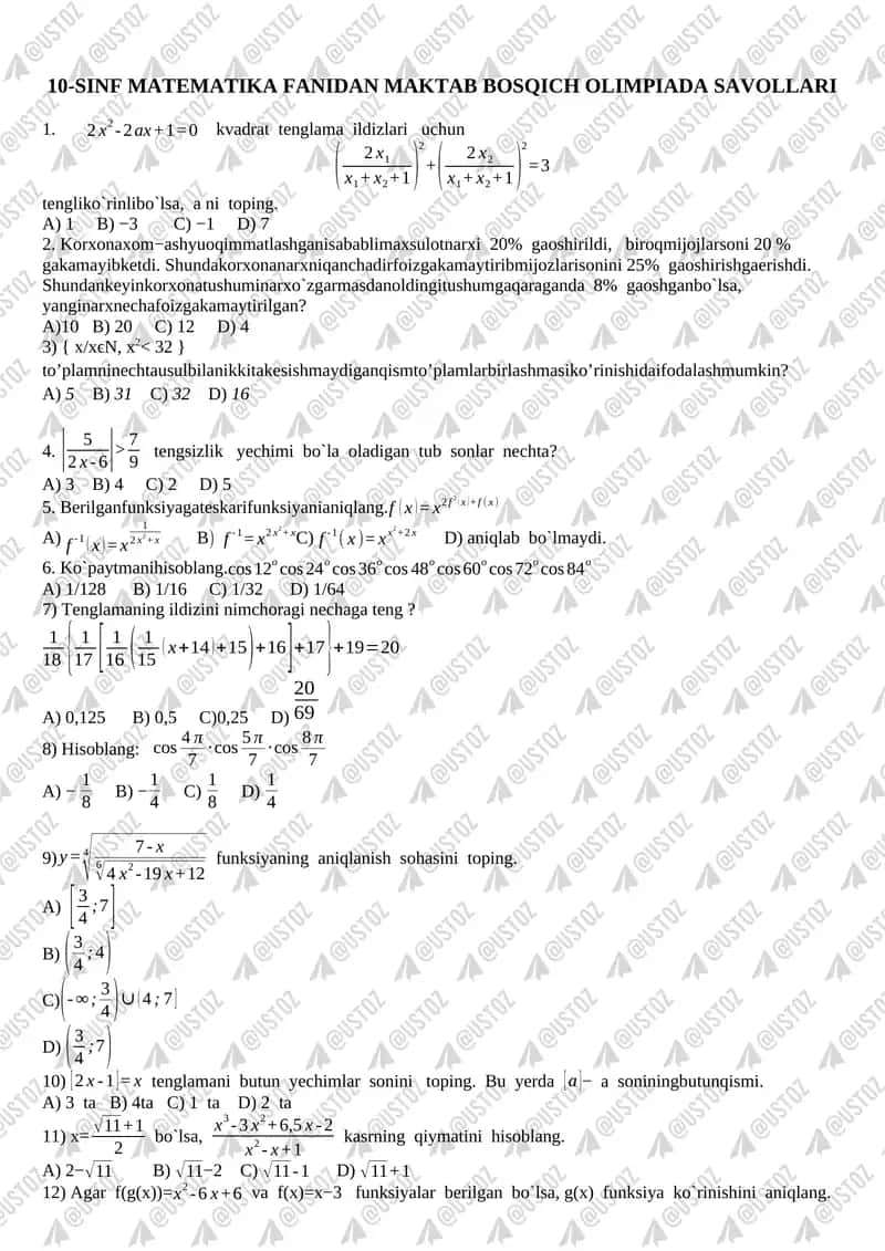 10-SINF MATEMATIKA FANIDAN MAKTAB BOSQICH OLIMPIADA SAVOLLARI 1