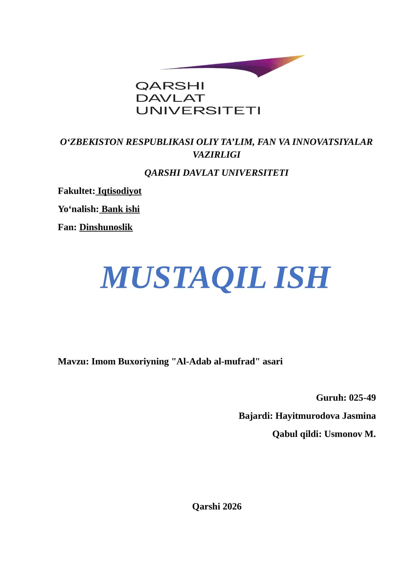 Imom Buxoriyning "Al-Adab al-mufrad" asari 1
