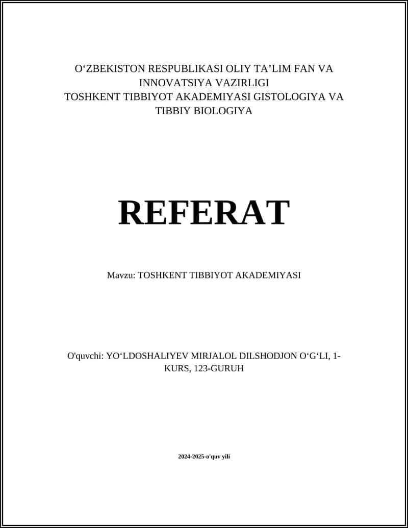 Toshkent Tibbiyot Akademiyasi Referat 1