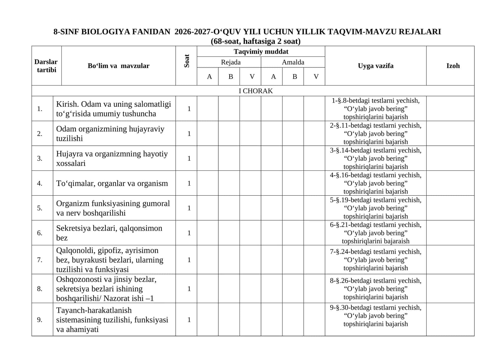 8-sinf biologiyai ish reja 2026-yil 1