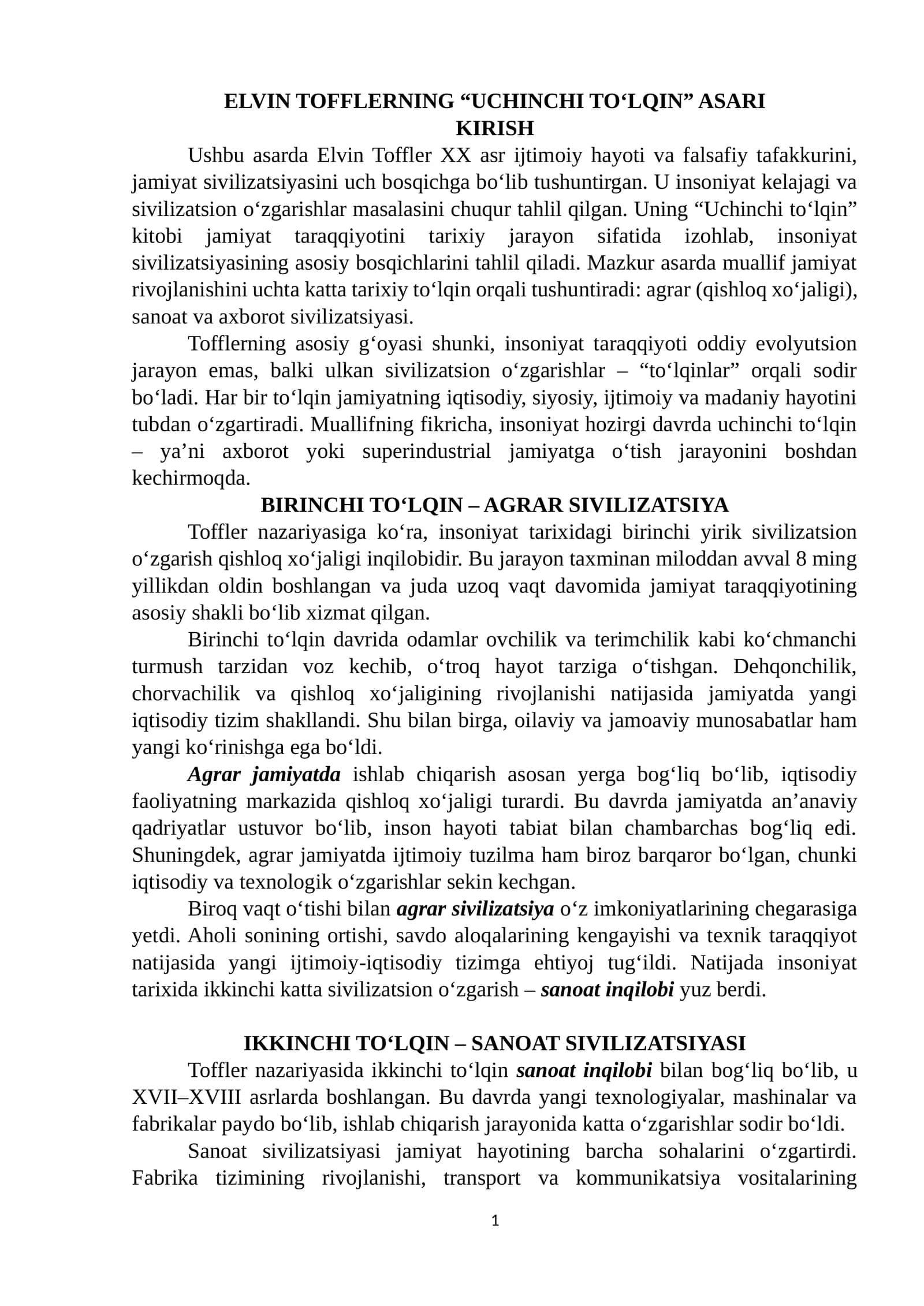 E. Tofflerning "UCHINCHI TO'LQIN" asari bo'yicha essey 1