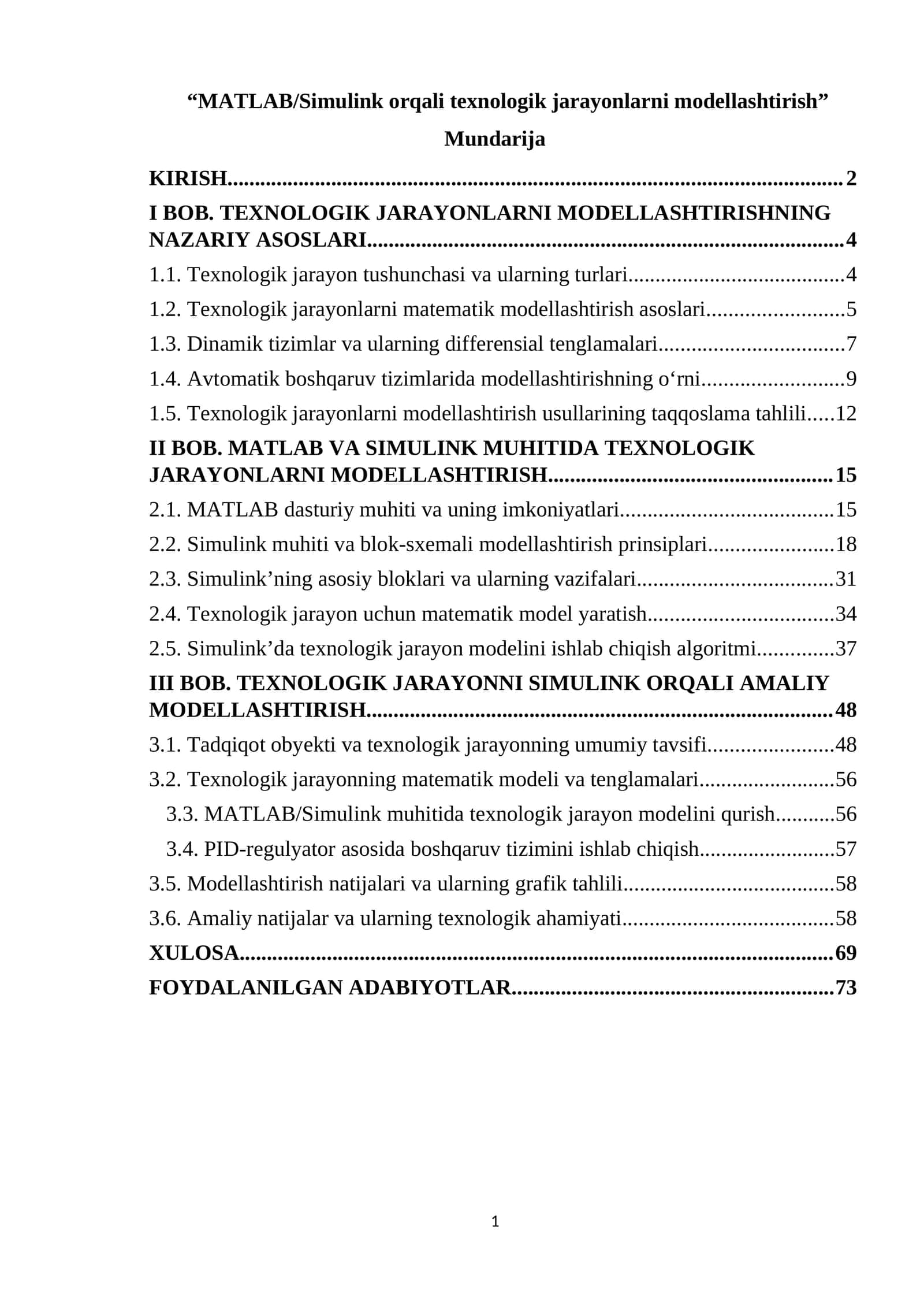 BMI Matlabda texnologik jarayonlarni modellashtirish 1