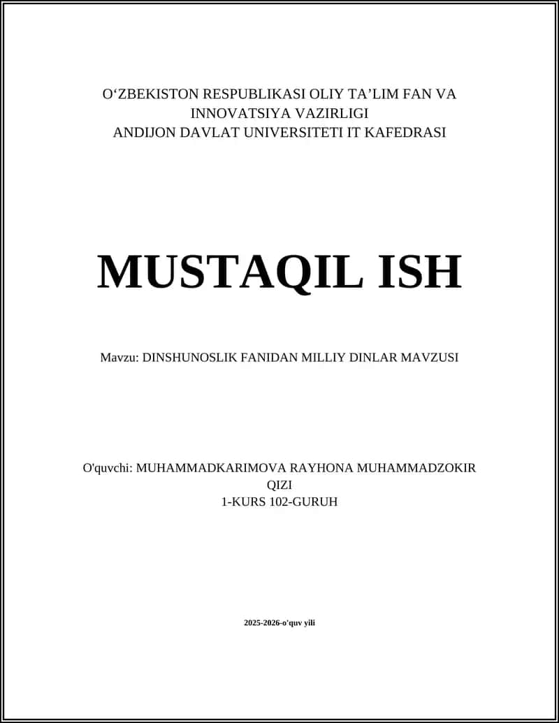 DINSHUNOSLIK FANIDAN MILLIY DINLAR MAVZUSI 1