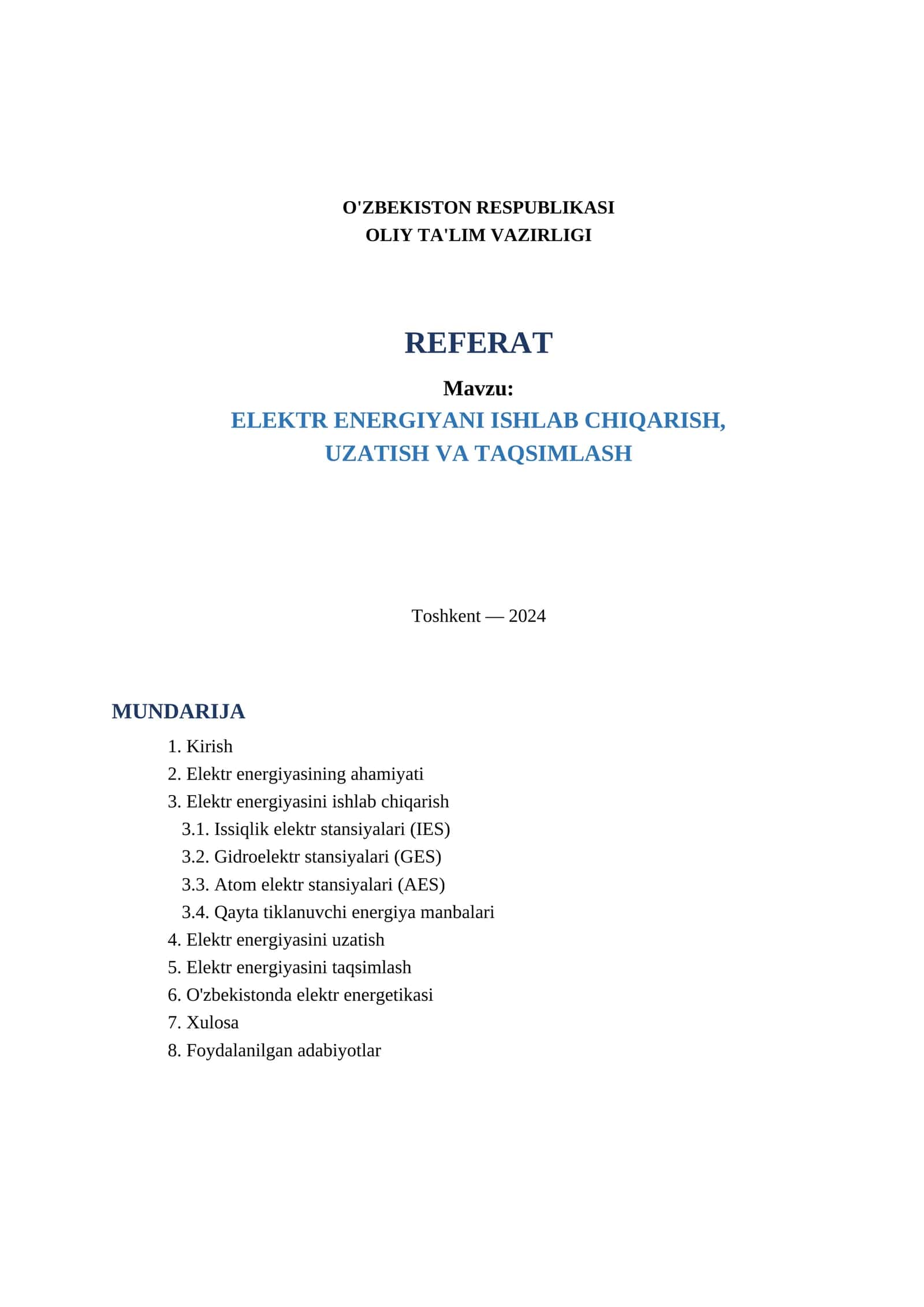 ELEKTR ENERGIYANI ISHLAB CHIQARISH, UZATISH VA TAQSIMLASH 1
