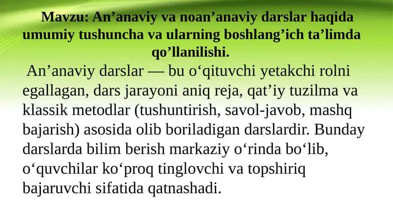 An'anaviy va noan'anaviy darslarni tashkil etish 1