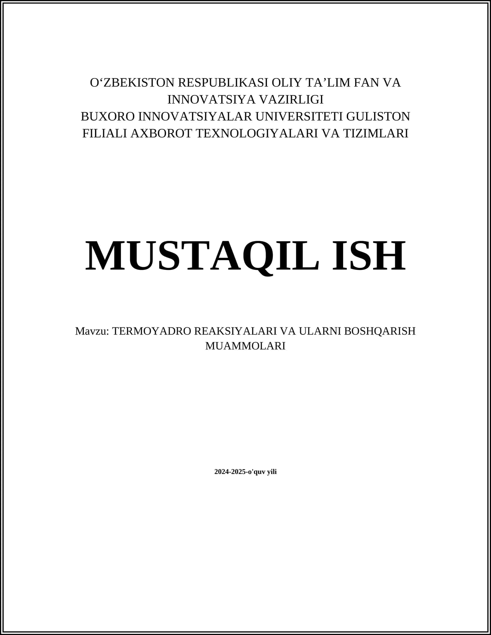 TERMOYADRO REAKSIYALARI VA ULARNI BOSHQARISH MUAMMOLARI 1