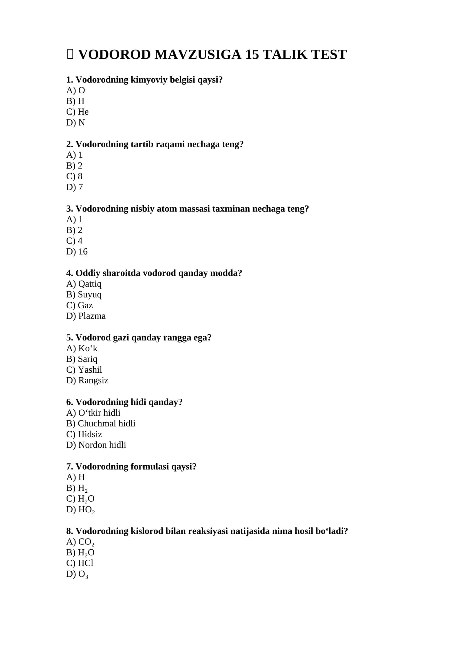 Vodorod mavzusiga 15 talik test 1