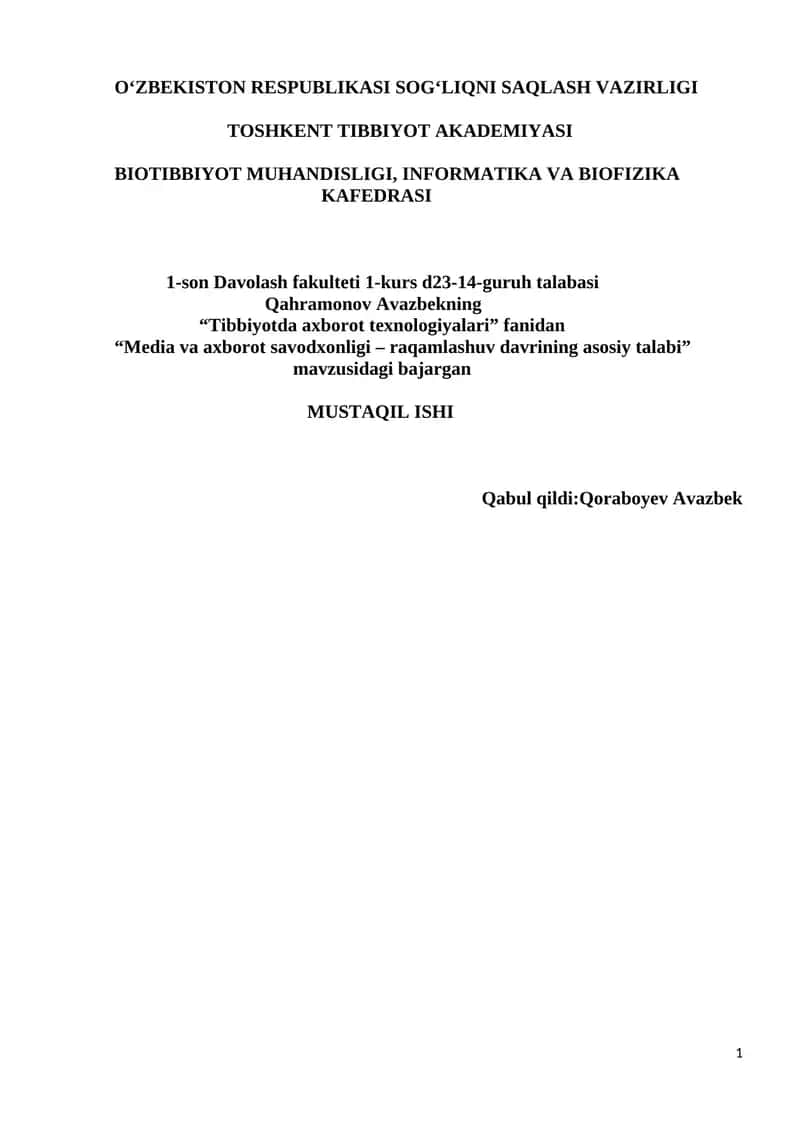 "Tibbiyotda axborot texnologiyalari" 1