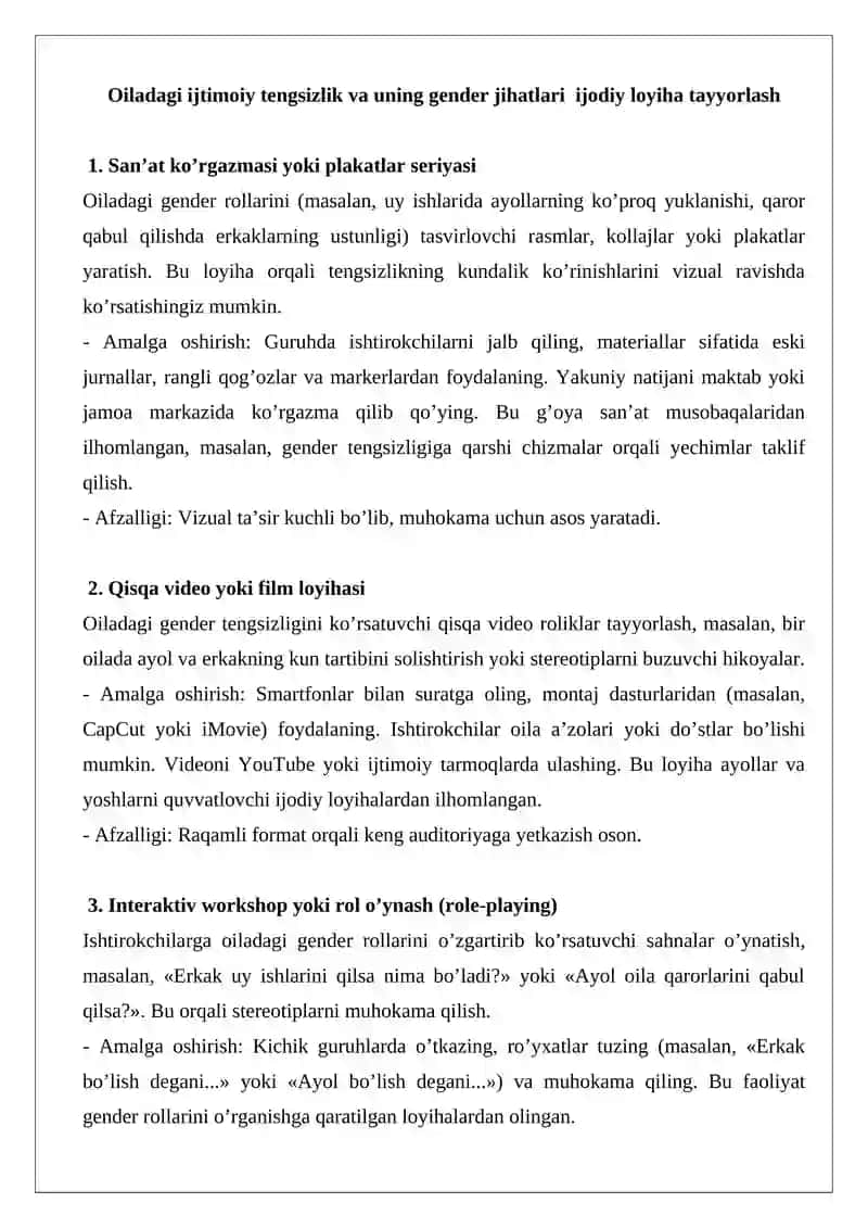 Oiladagi ijtimoiy tengsizlik va uning gender jihatlari ijodiy loyiha tayyorlash