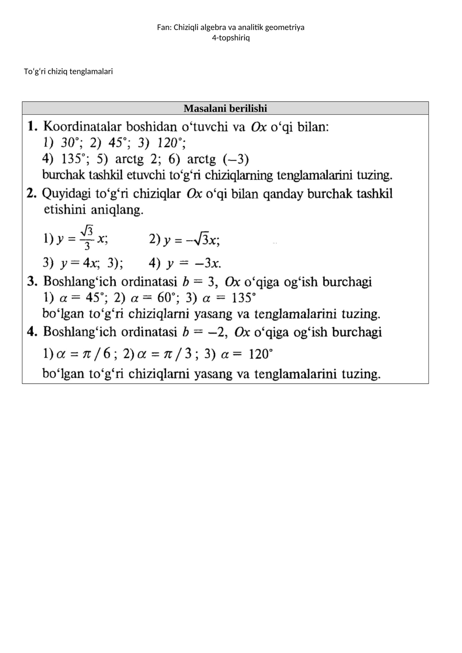Fan: Chiziqli algebra va analitik geometriya 1