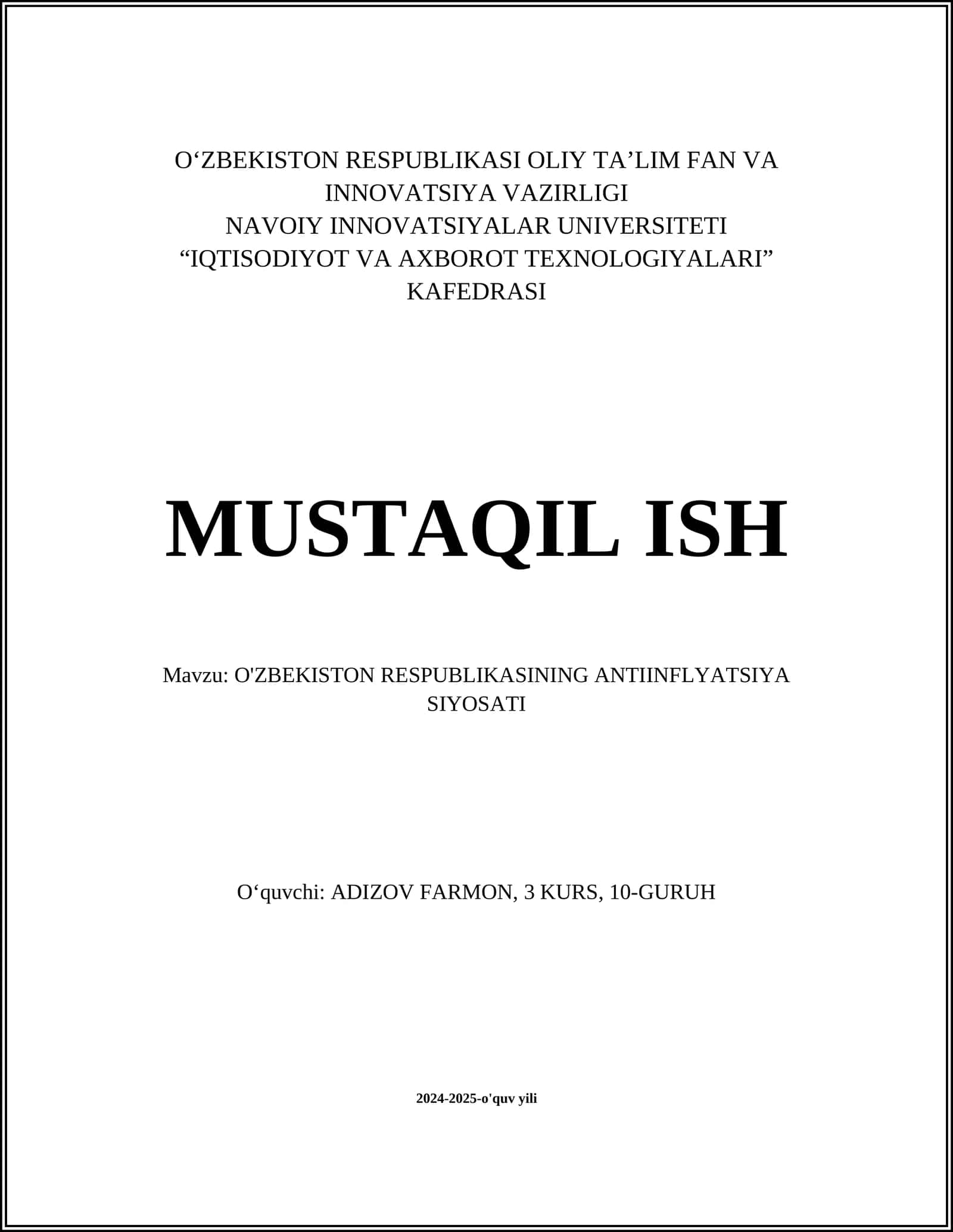 O‘ZBEKISTON RESPUBLIKASINING ANTIINFLYATSIYA SIYOSATI 1