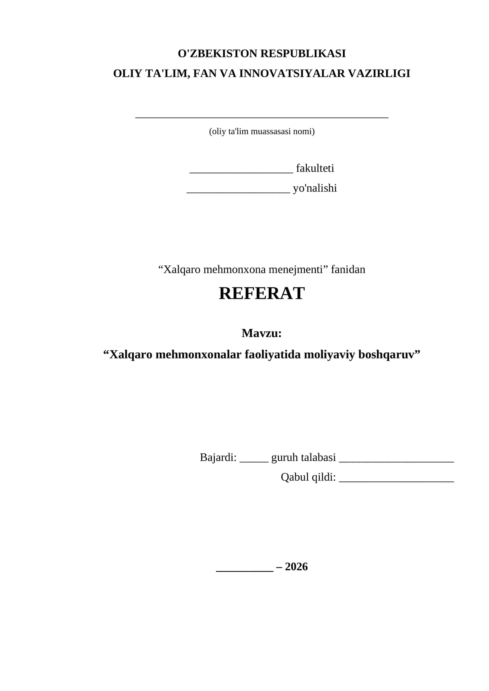 Xalqaro mehmonxona faoliyatida moliyaviy boshqaruv 1