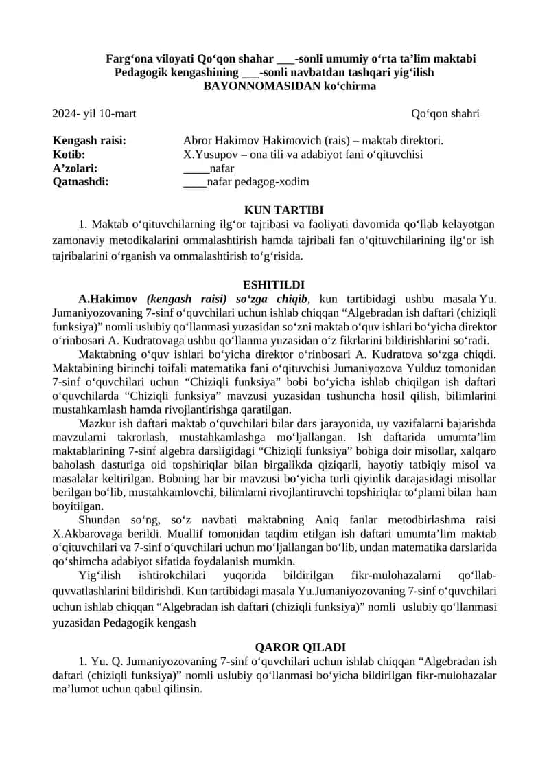 Algebradan ish daftari (chiziqli funksiya) 1