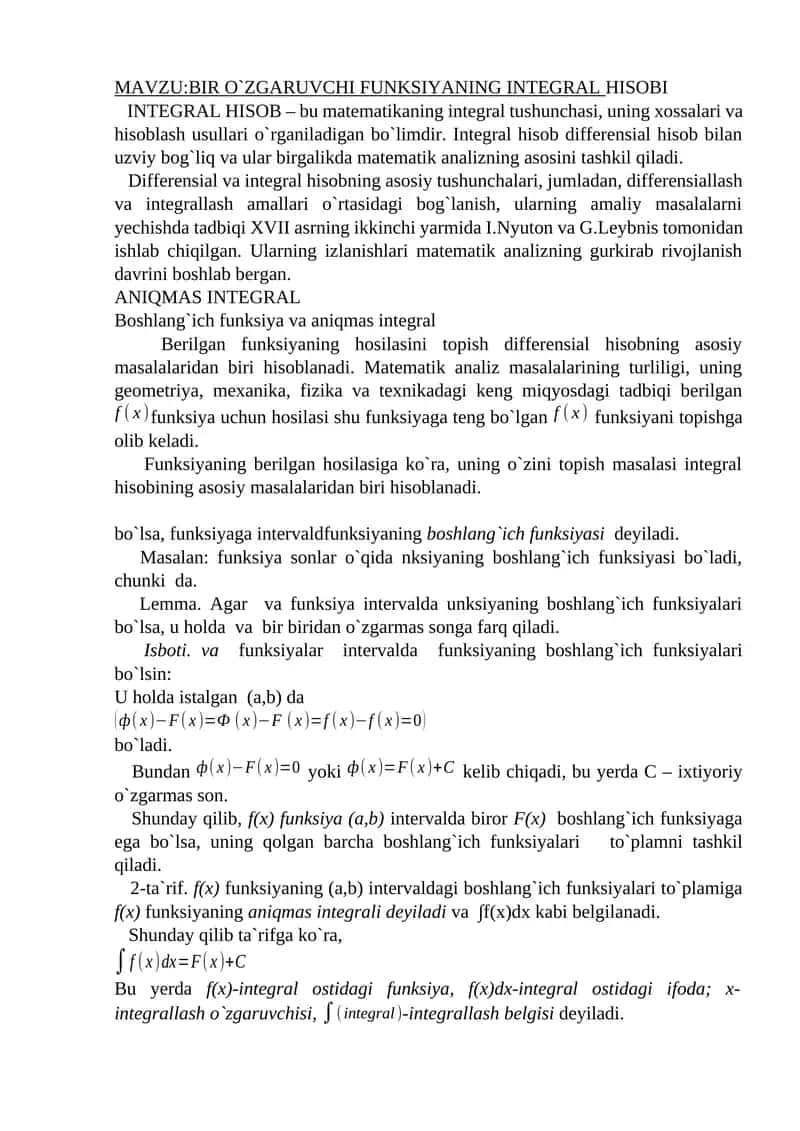 BIR O`ZGARUVCHI FUNKSIYANING INTEGRAL HISOBI 1