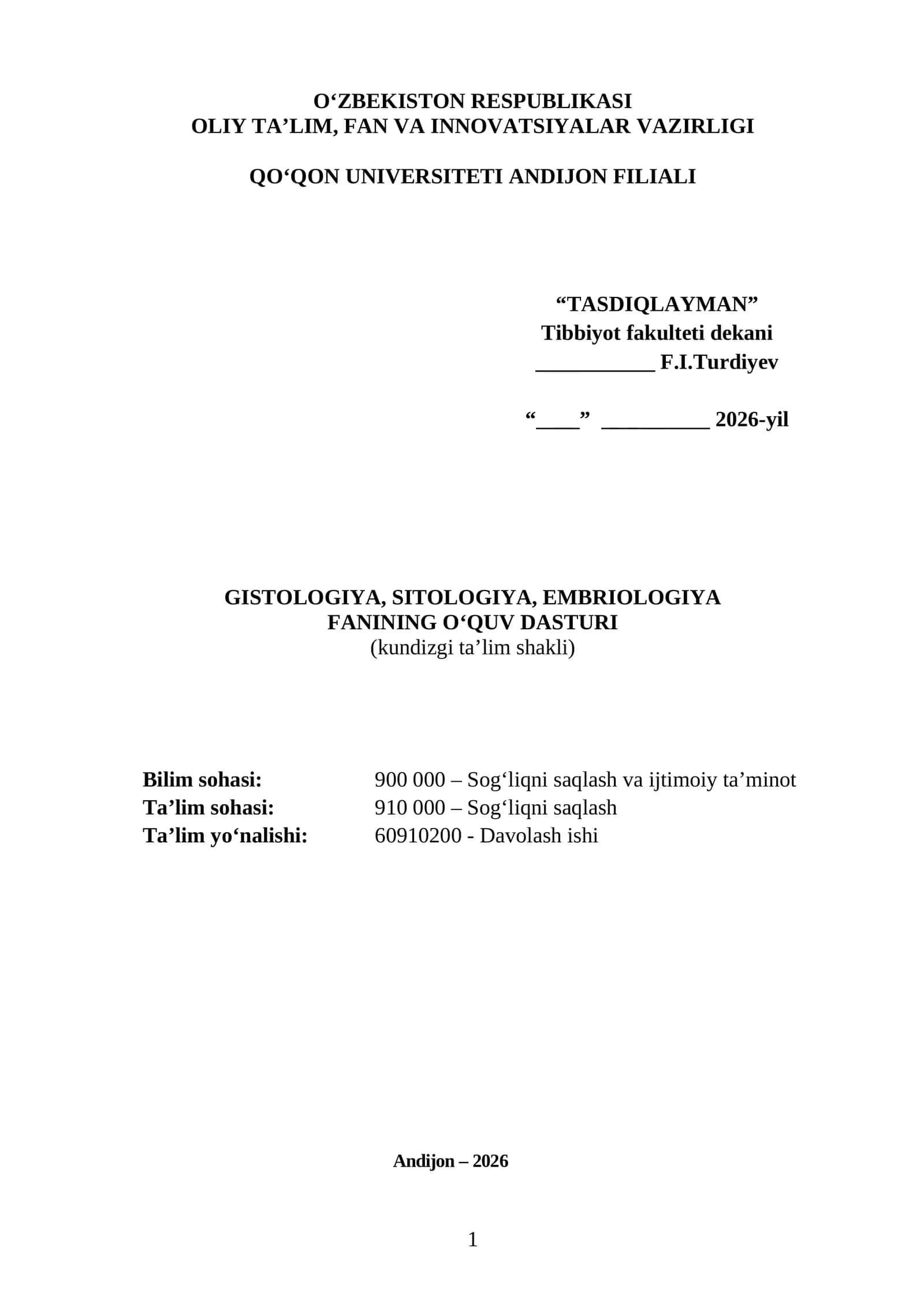 GISTOLOGIYA, SITOLOGIYA, EMBRIOLOGIYA FANINING O‘QUV DASTURI 1
