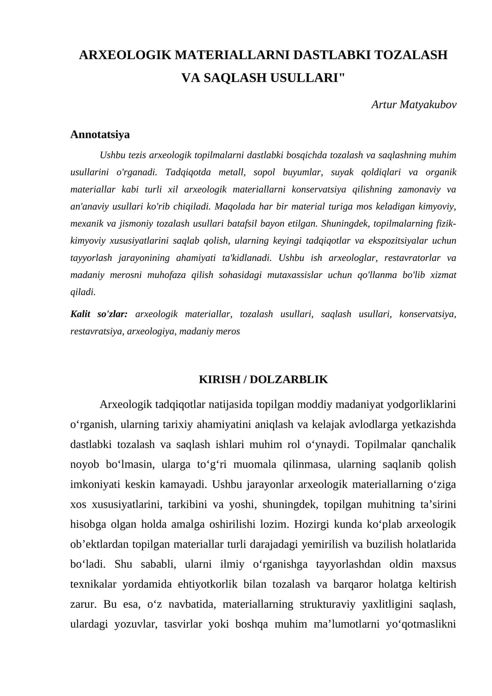 ARXEOLOGIK MATERIALLARNI DASTLABKI TOZALASH VA SAQLASH USULLARI 1
