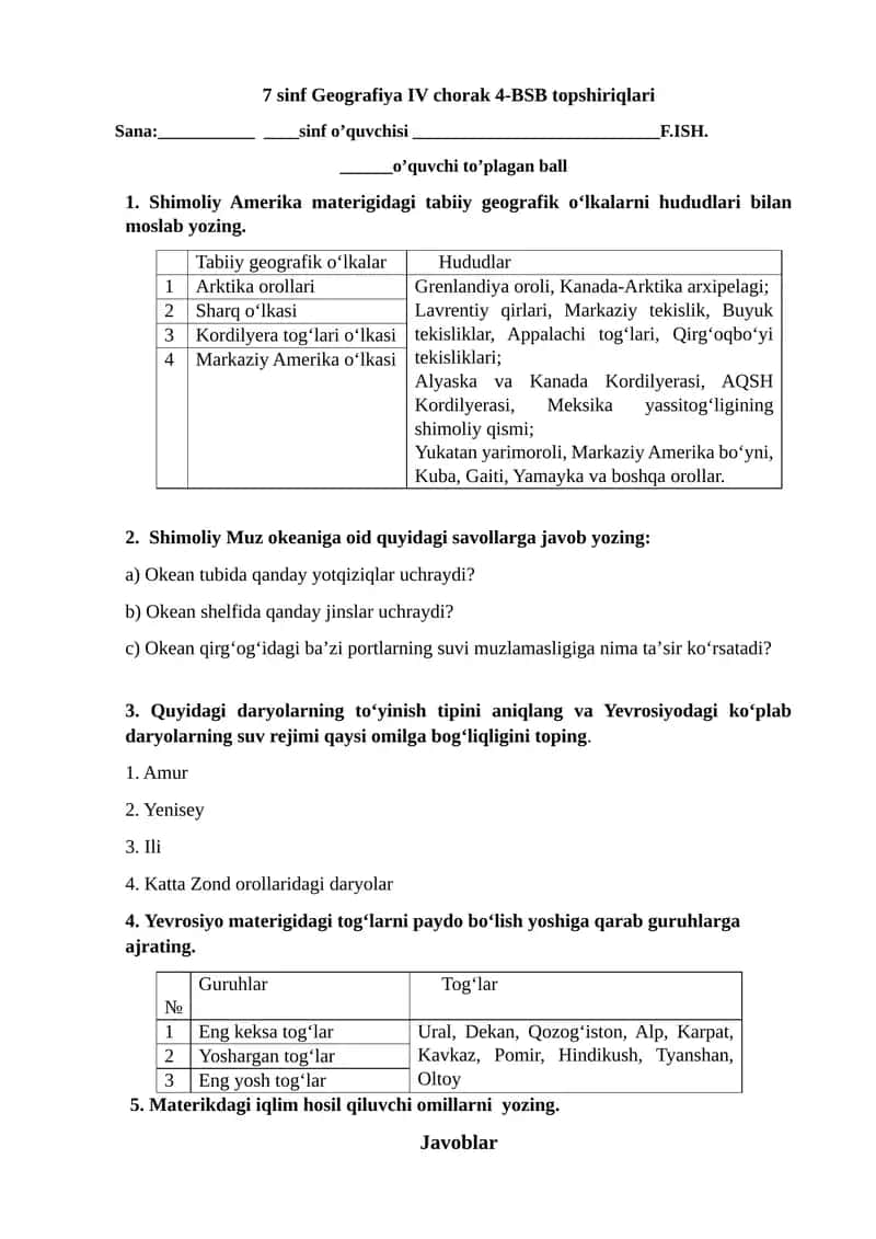 7 sinf Geografiya IV chorak 4-BSB topshiriqlari 1