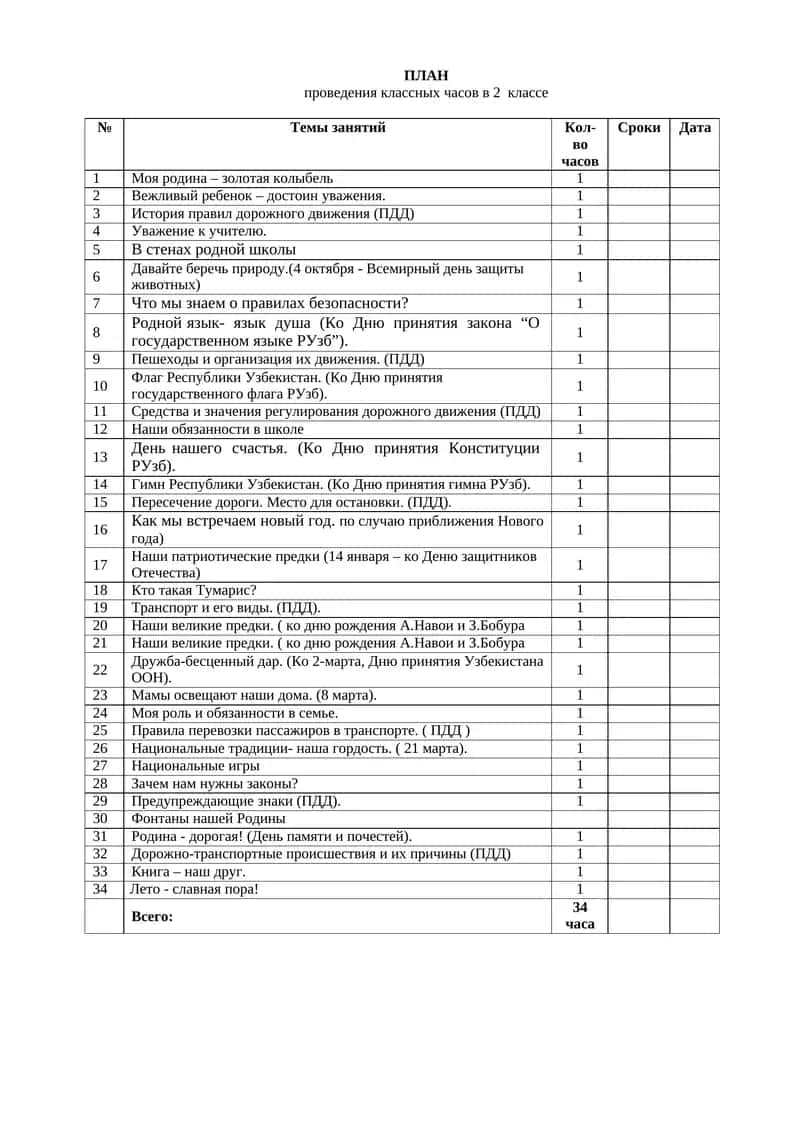ПЛАН проведения классных часов в 2 классе 1