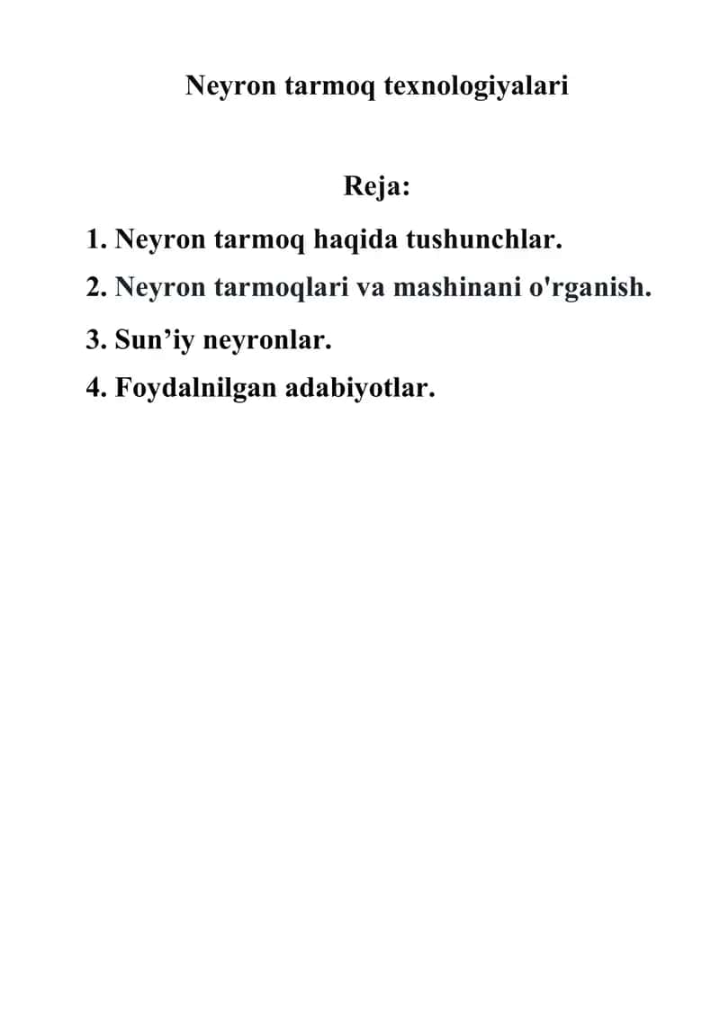Neyron tarmoq texnologiyalari 1