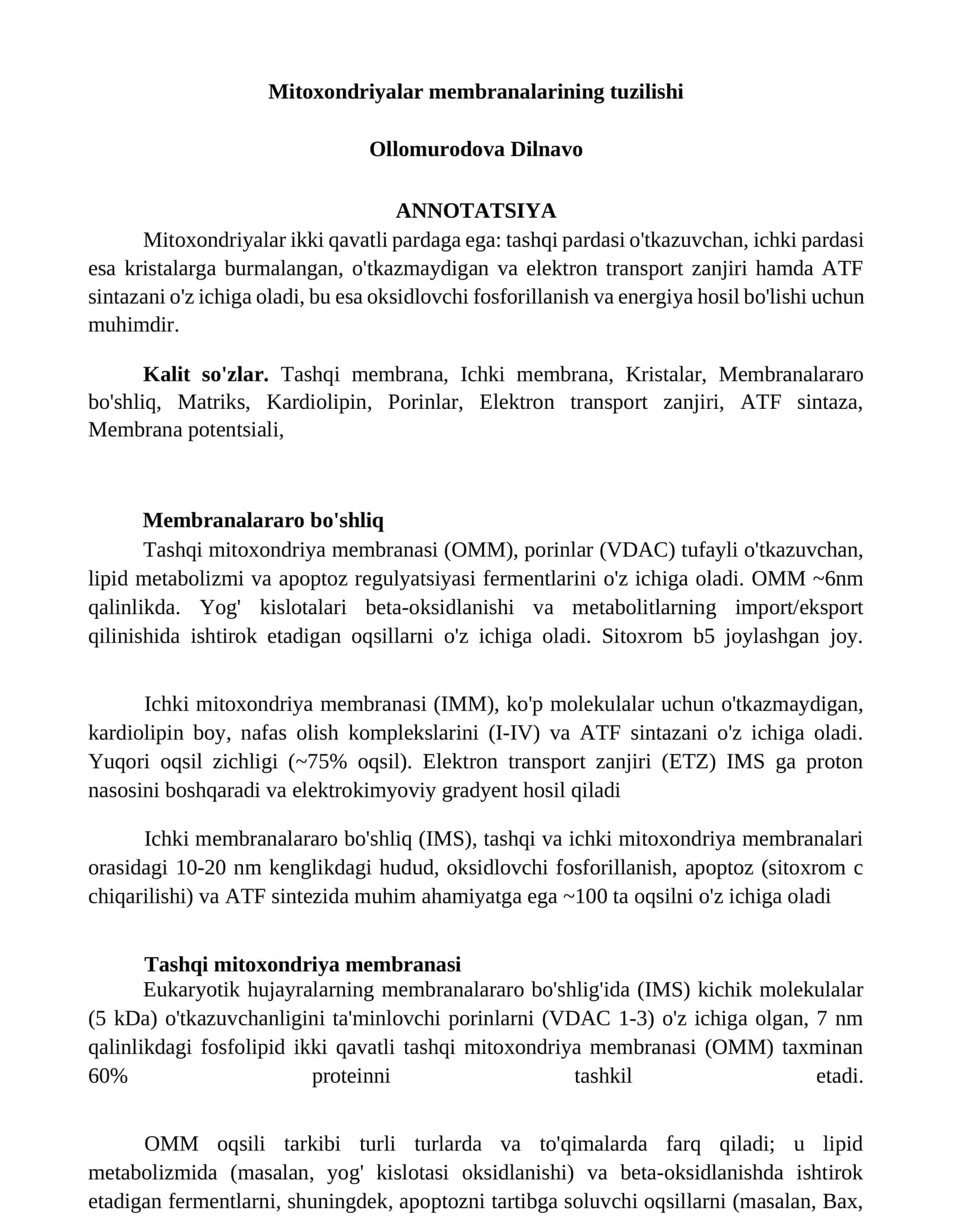 Mitoxondriyalar membranalarining tuzilishi 1