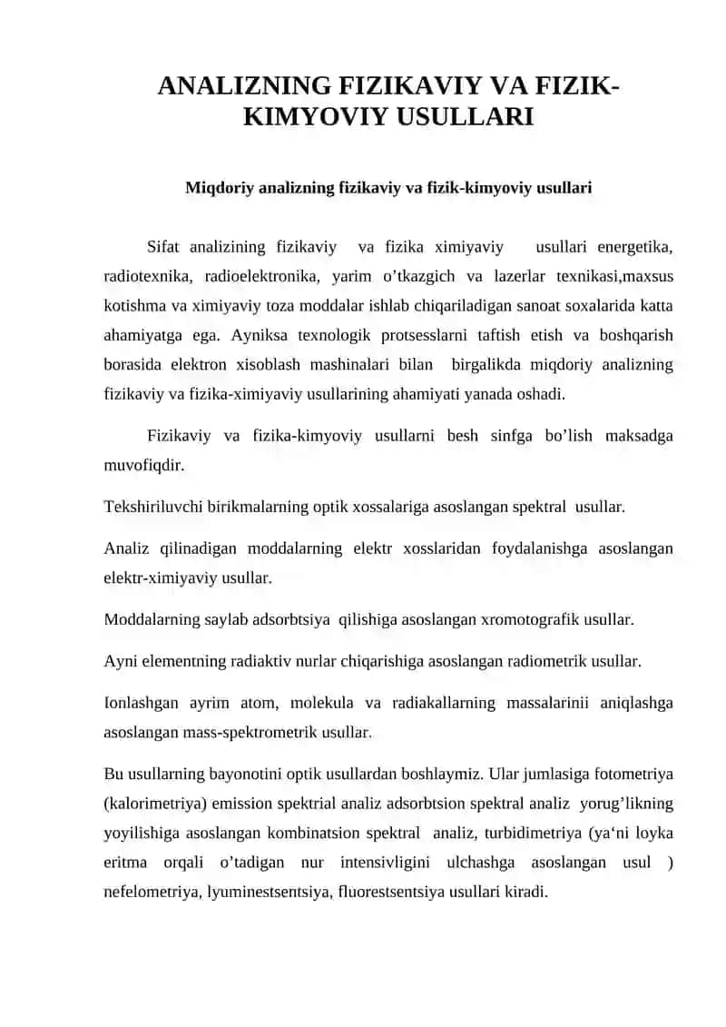 ANALIZNING FIZIKAVIY VA FIZIK-KIMYOVIY USULLARI