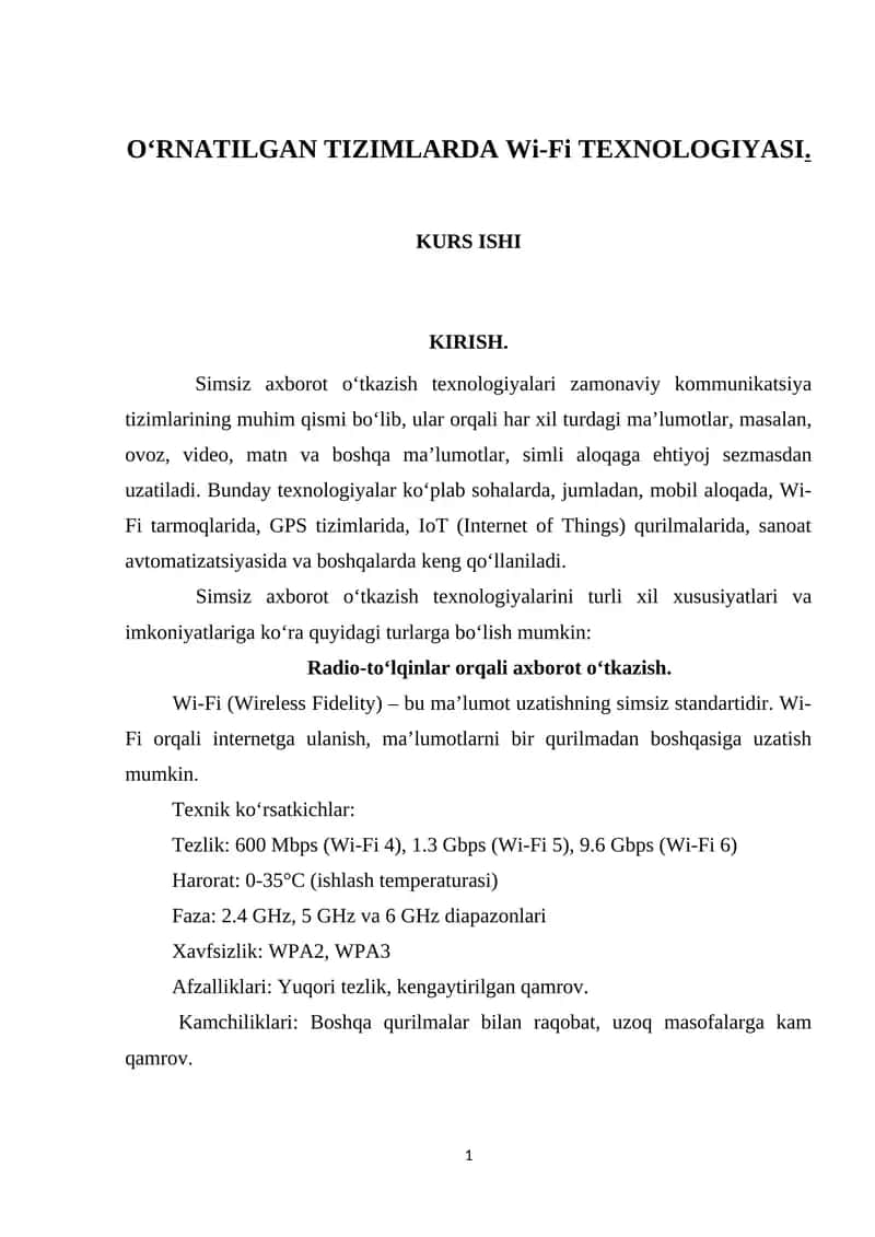 O‘RNATILGAN TIZIMLARDA Wi-Fi TEXNOLOGIYASI 1