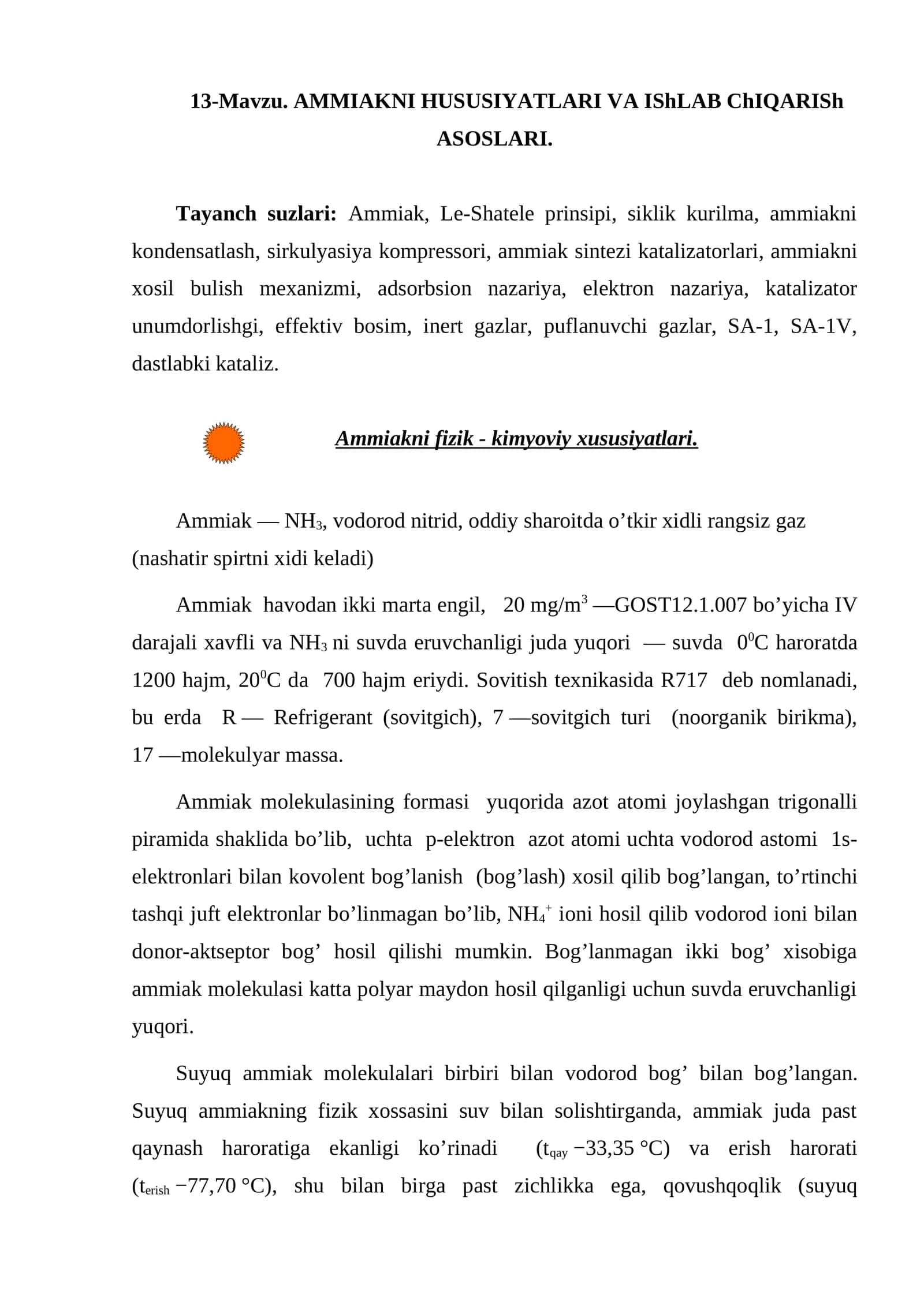 AMMIAKNI HUSUSIYАTLARI VA IShLAB ChIQARISh ASOSLARI 1