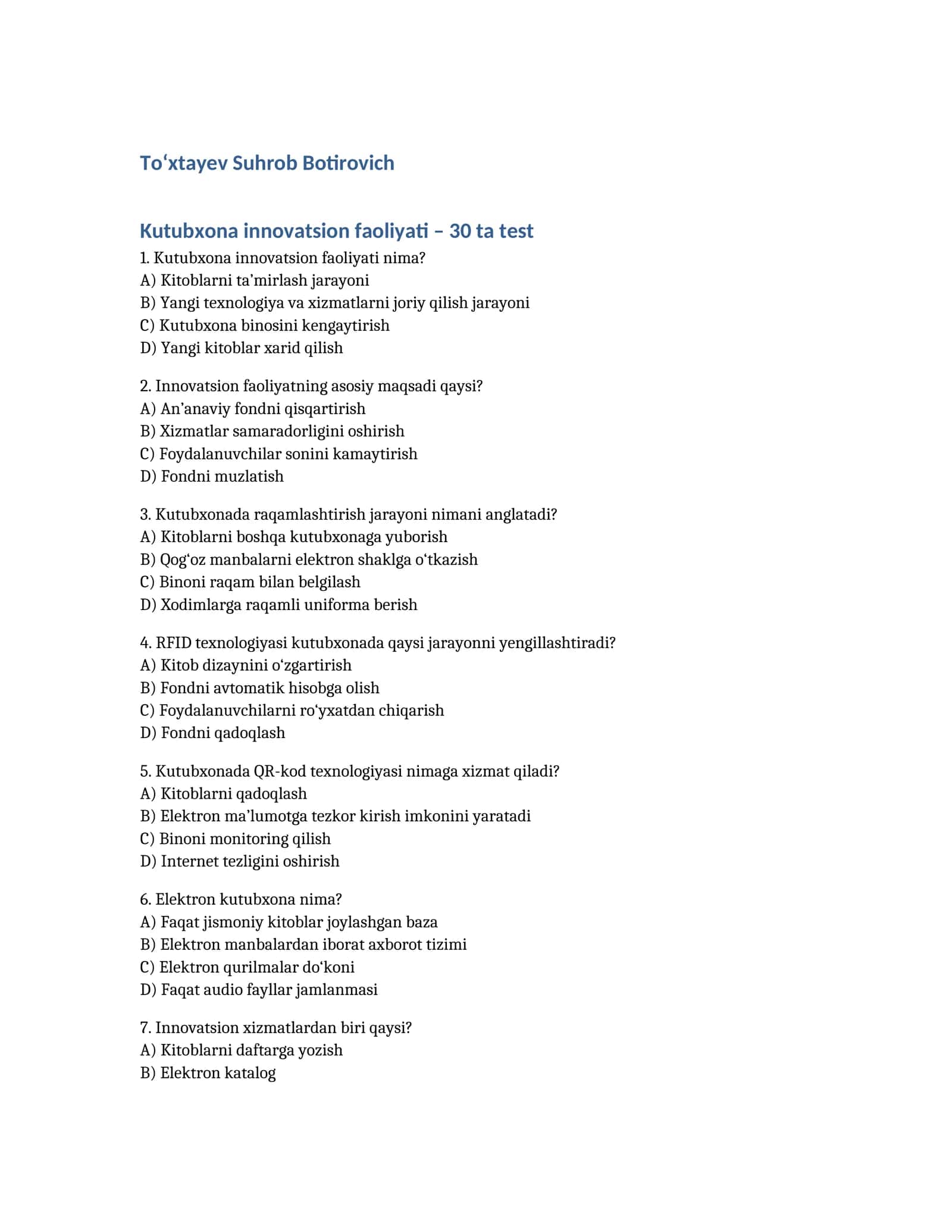 Kutubxona innovatsion faoliyati – 30 ta test 1