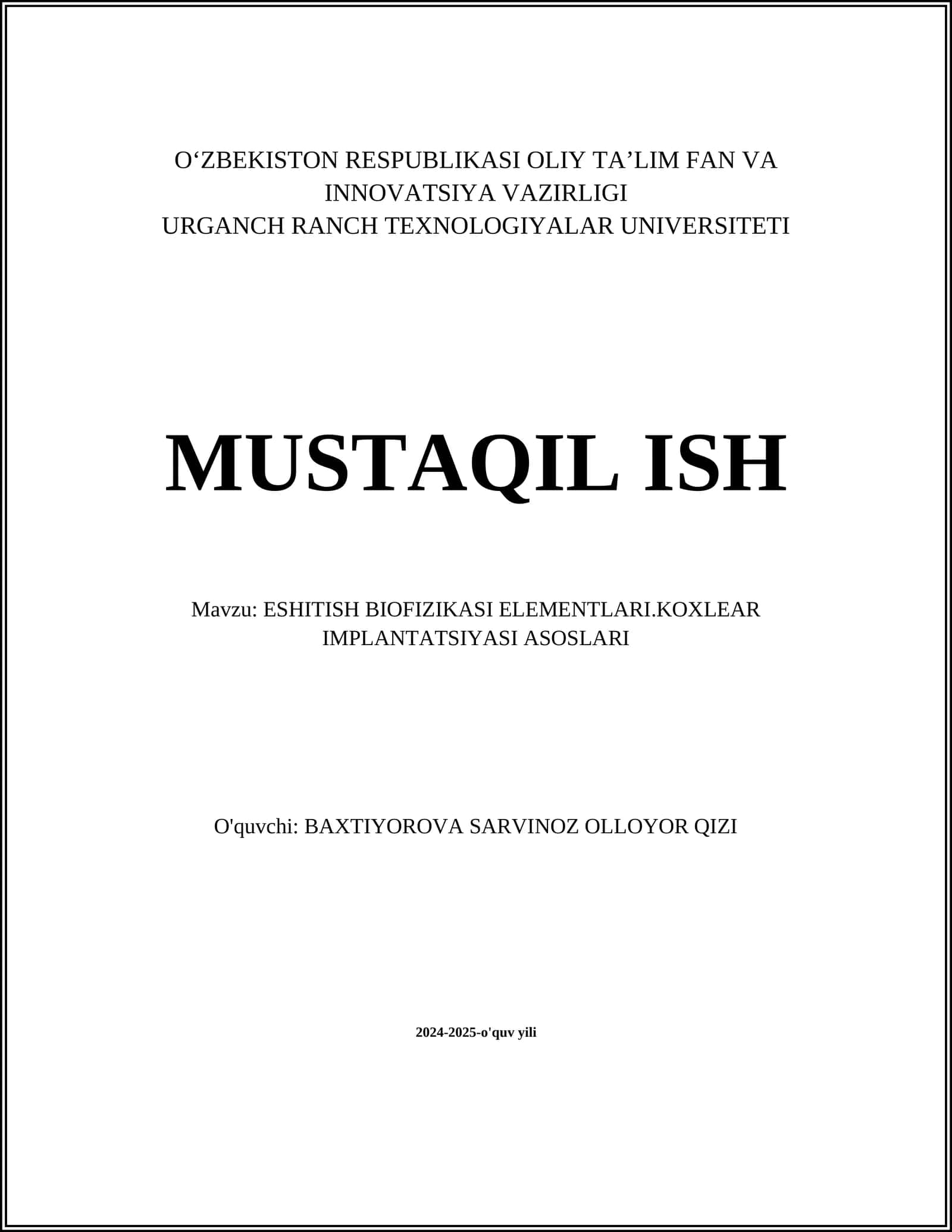 ESHITISH BIOFIZIKASI ELEMENTLARI.KOXLEAR IMPLANTATSIYASI ASOSLARI 1