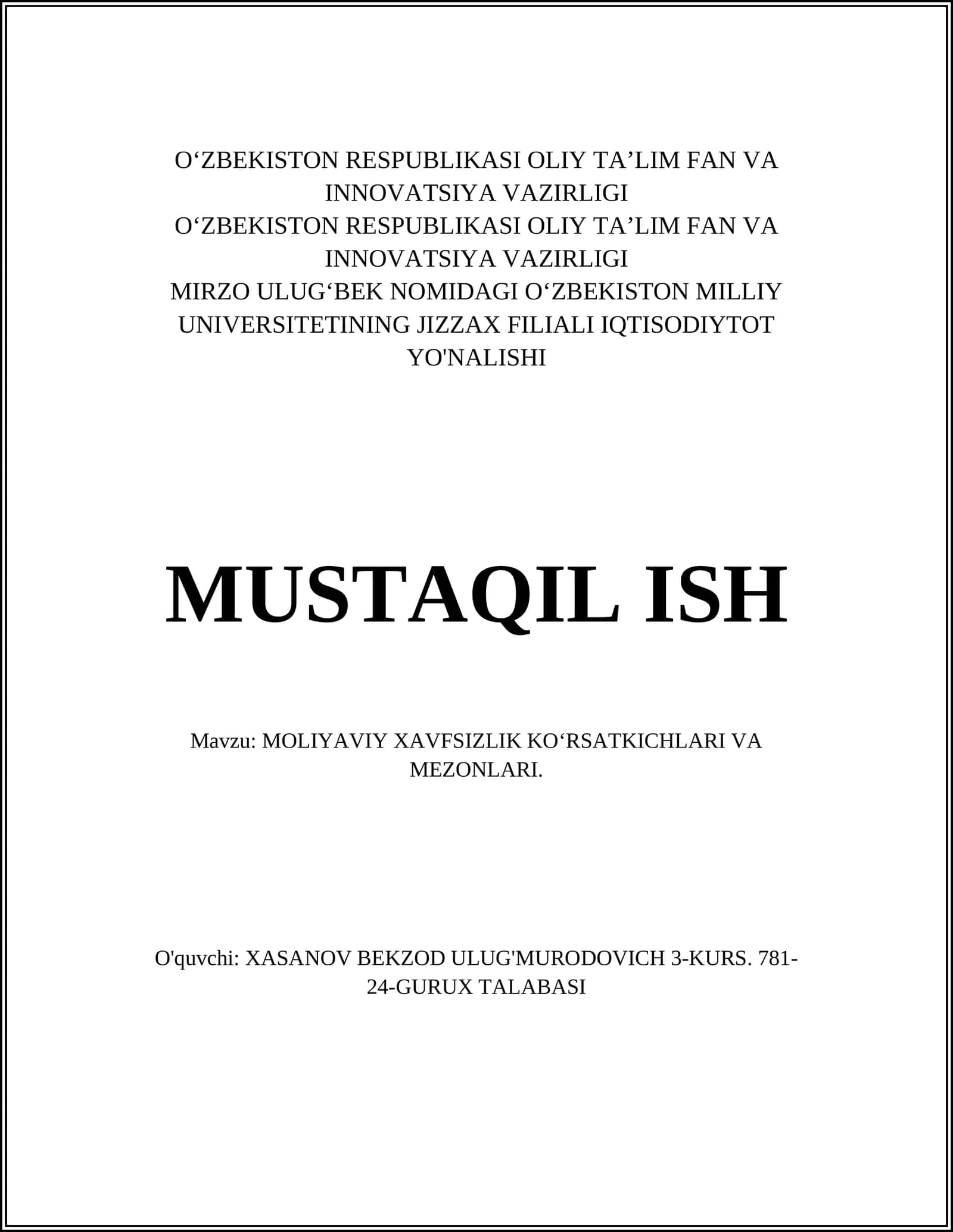 MOLIYAVIY XAVFSIZLIK KO‘RSATKICHLARI VA MEZONLARI 1