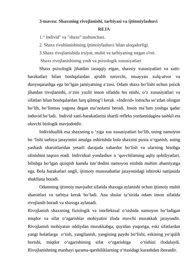 Shaxsning rivojlanishi, tarbiyasi va ijtimoiylashuvi 1