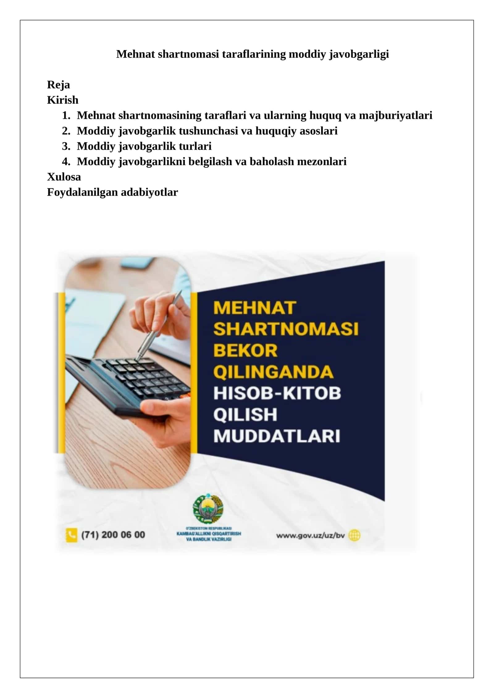 Mehnat shartnomasi taraflarining moddiy javobgarligi 1