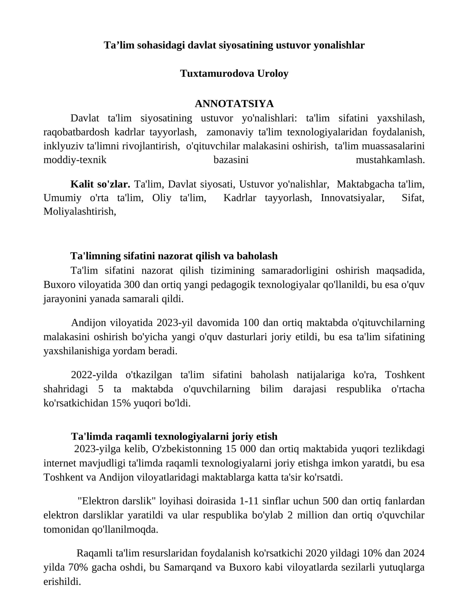 Ta'lim sohasidagi davlat siyosatining ustuvor yonalishlar 1
