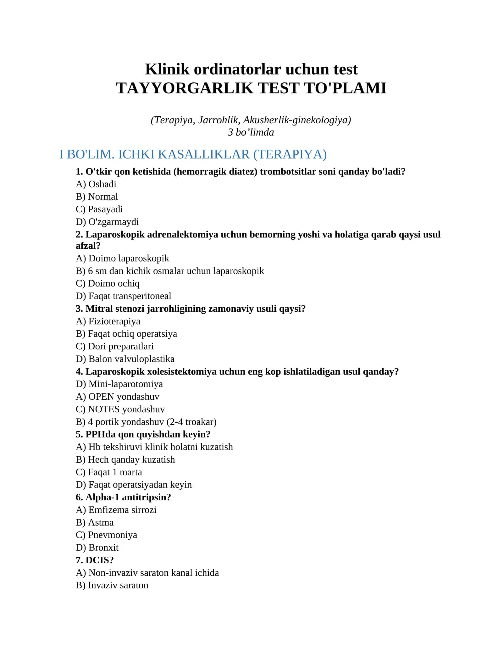 Klinik ordinatorlar uchun test 1