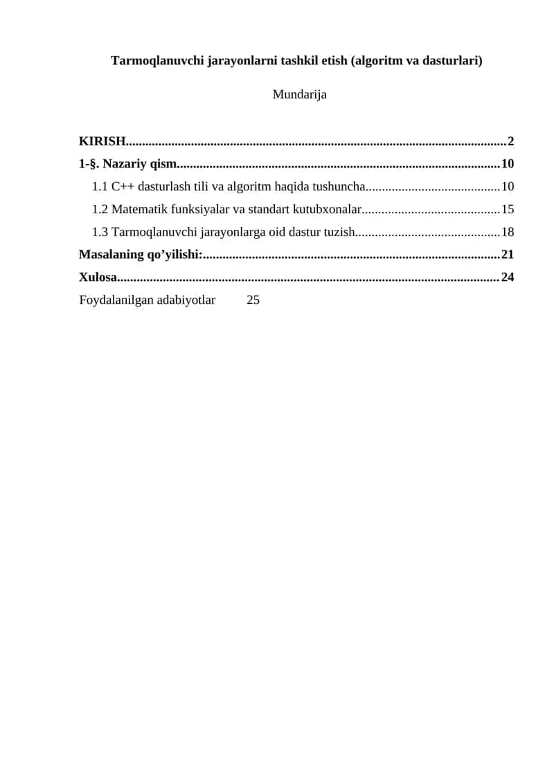 Tarmoqlanuvchi jarayonlarni tashkil etish (algoritm va dasturlari) 1