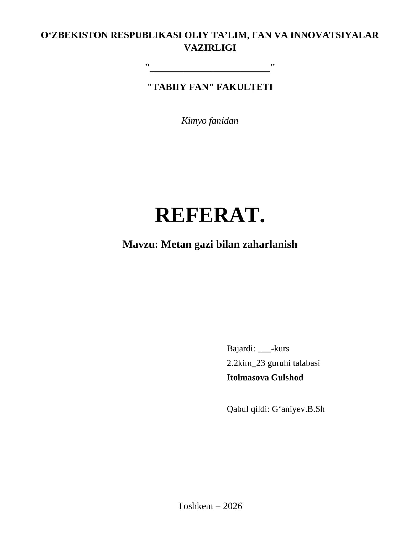 Metan gazi bilan zaharlanish 1