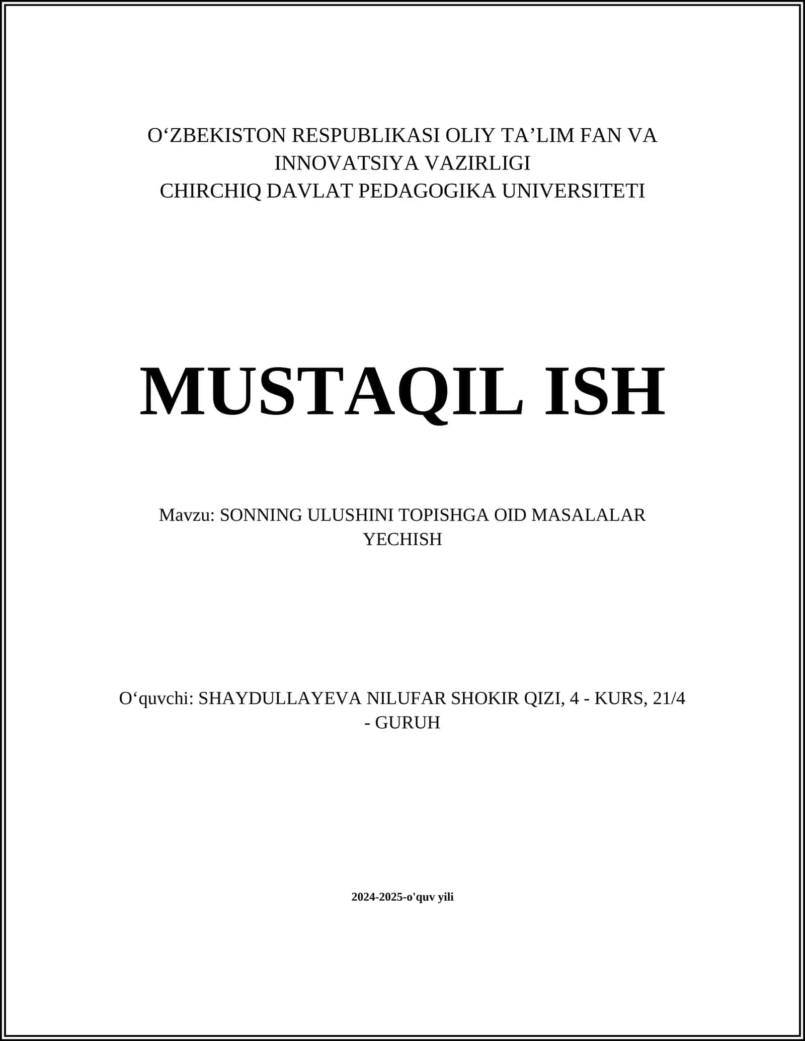 SONNING ULUSHINI TOPISHGA OID MASALALAR YECHISH 1