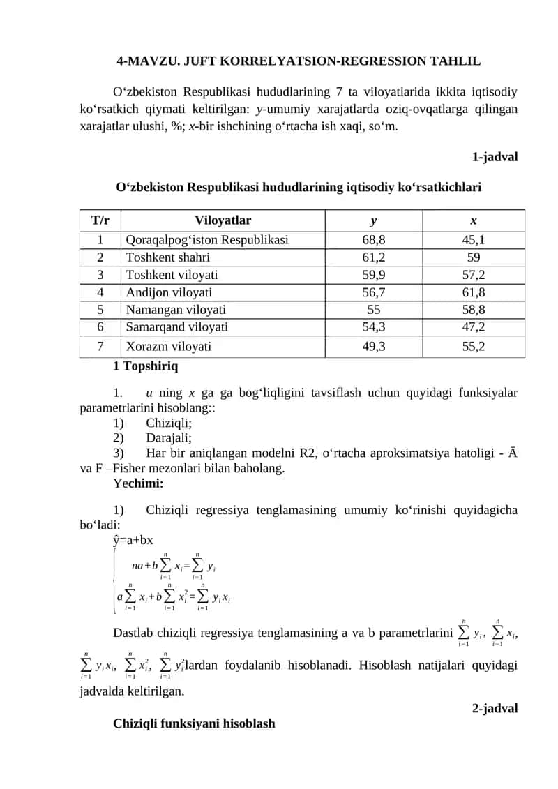 MAVZU. JUFT KORRELYATSION-REGRESSION TAHLIL 1