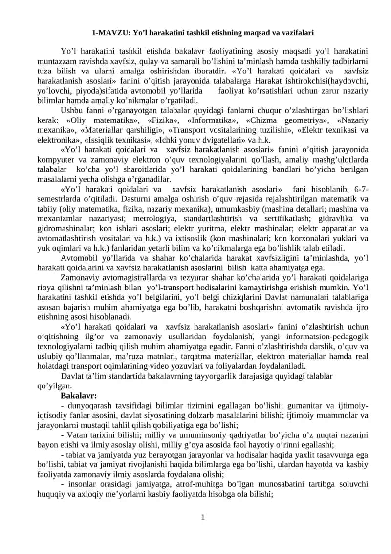 Yo’l harakatini tashkil etishning maqsad va vazifalari 1