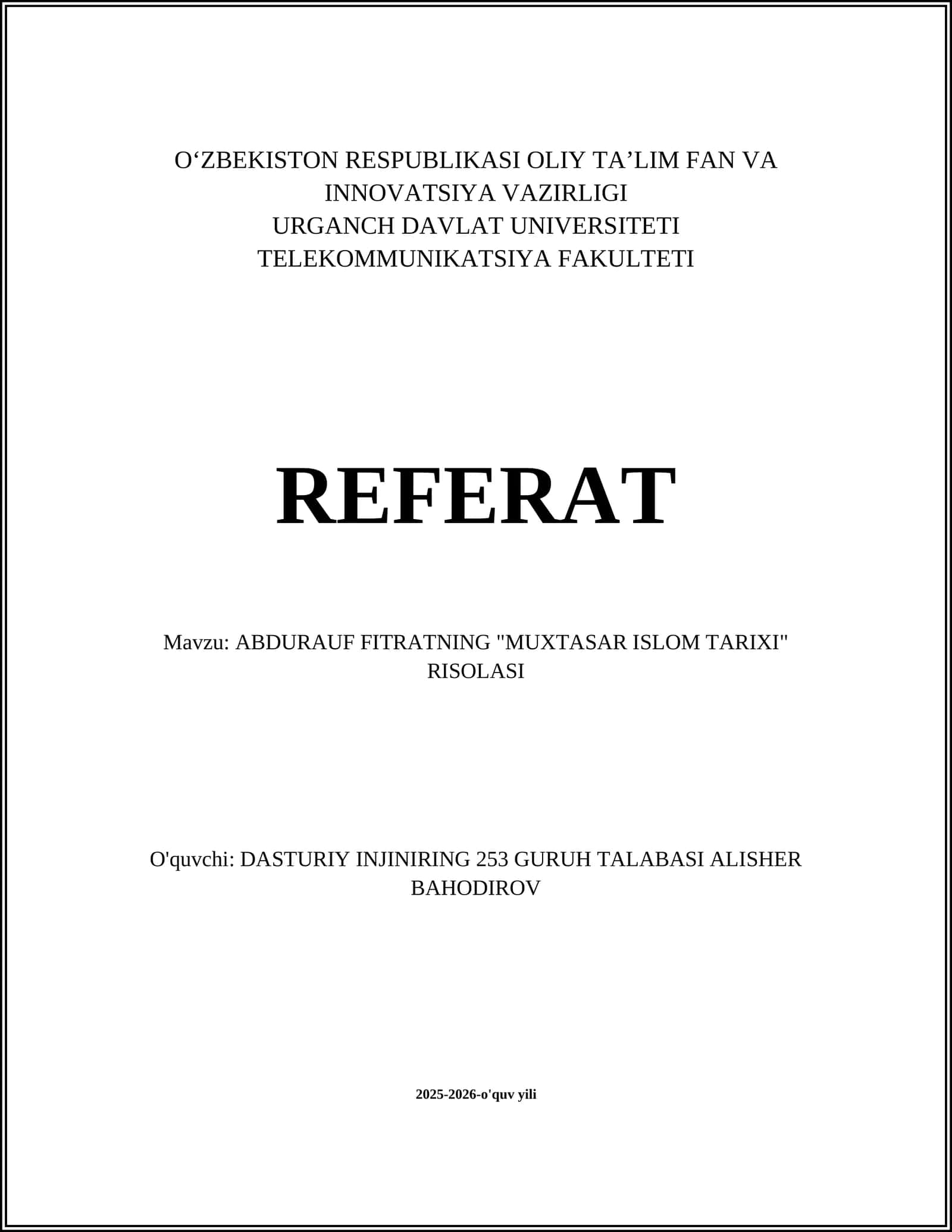 ABDURAUF FITRATNING "MUXTASAR ISLOM TARIXI" RISOLASI 1