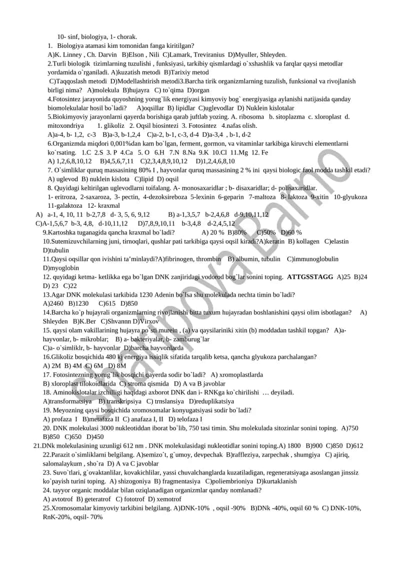 Biologiya test savollari 1