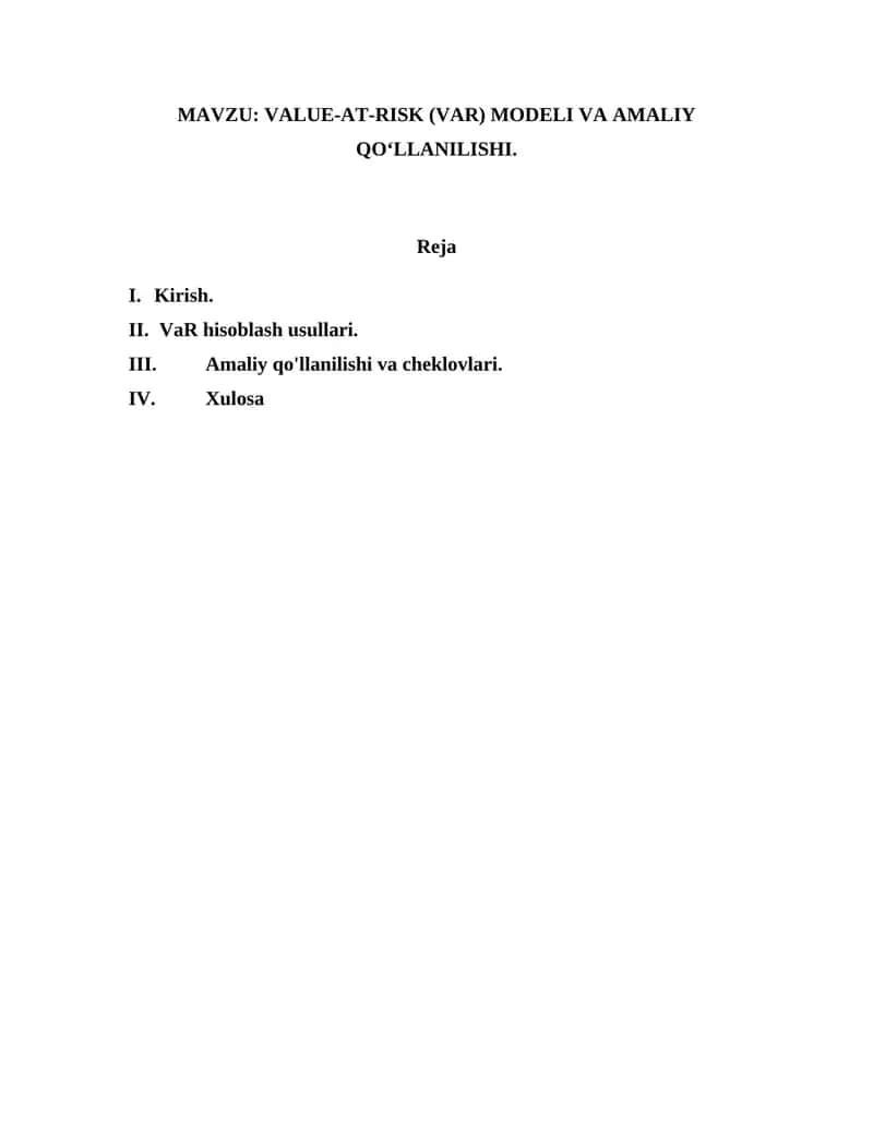 VALUE-AT-RISK (VAR) MODELI VA AMALIY QOʻLLANILISHI 1