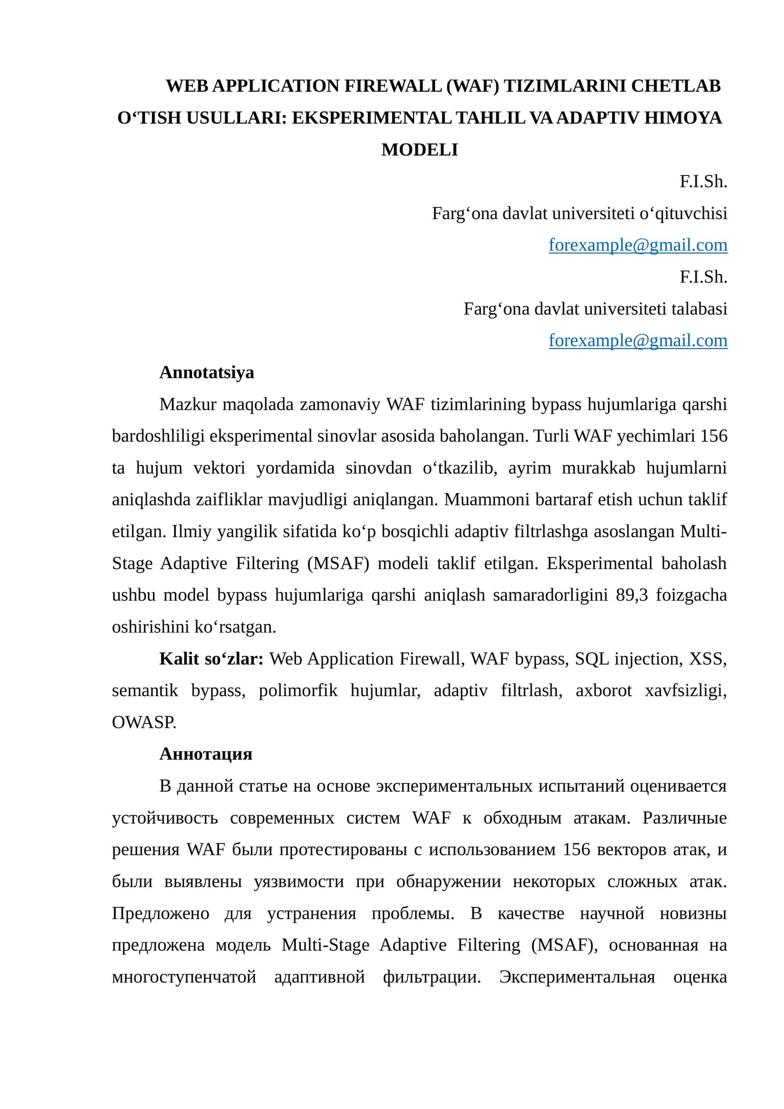 WEB APPLICATION FIREWALL (WAF) TIZIMLARINI CHETLAB OʻTISH USULLARI: EKSPERIMENTAL TAHLIL VA ADAPTIV HIMOYA MODELI 1