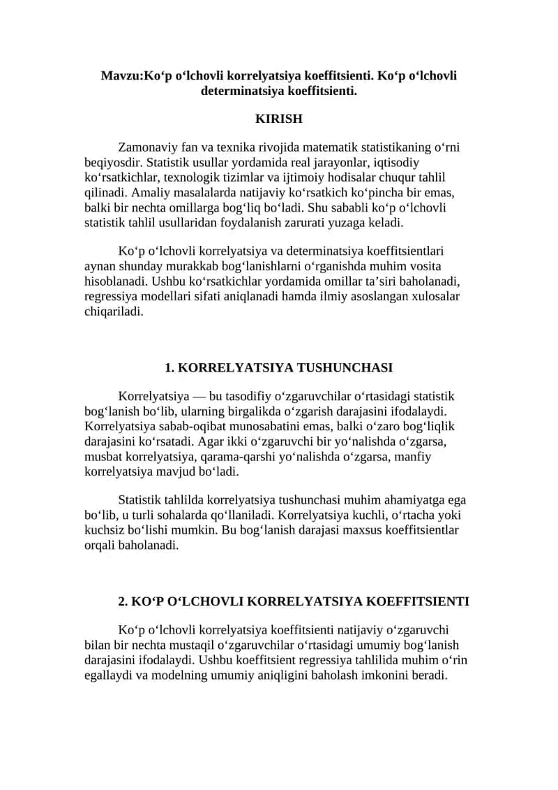 Ko‘p o‘lchovli korrelyatsiya va determinatsiya koeffitsienti 1