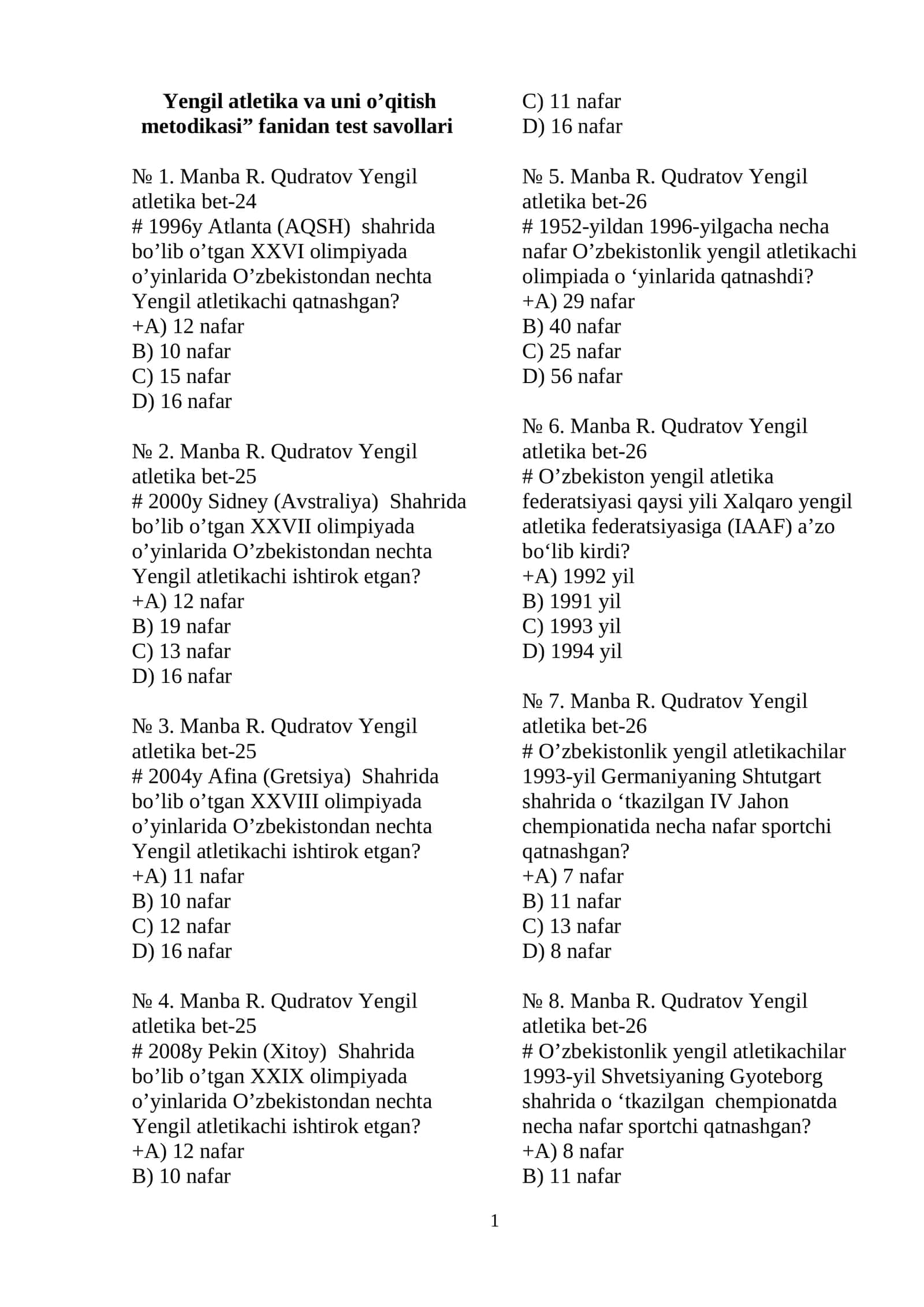 Yengil atletika va uni o’qitish metodikasi” test savollari 1
