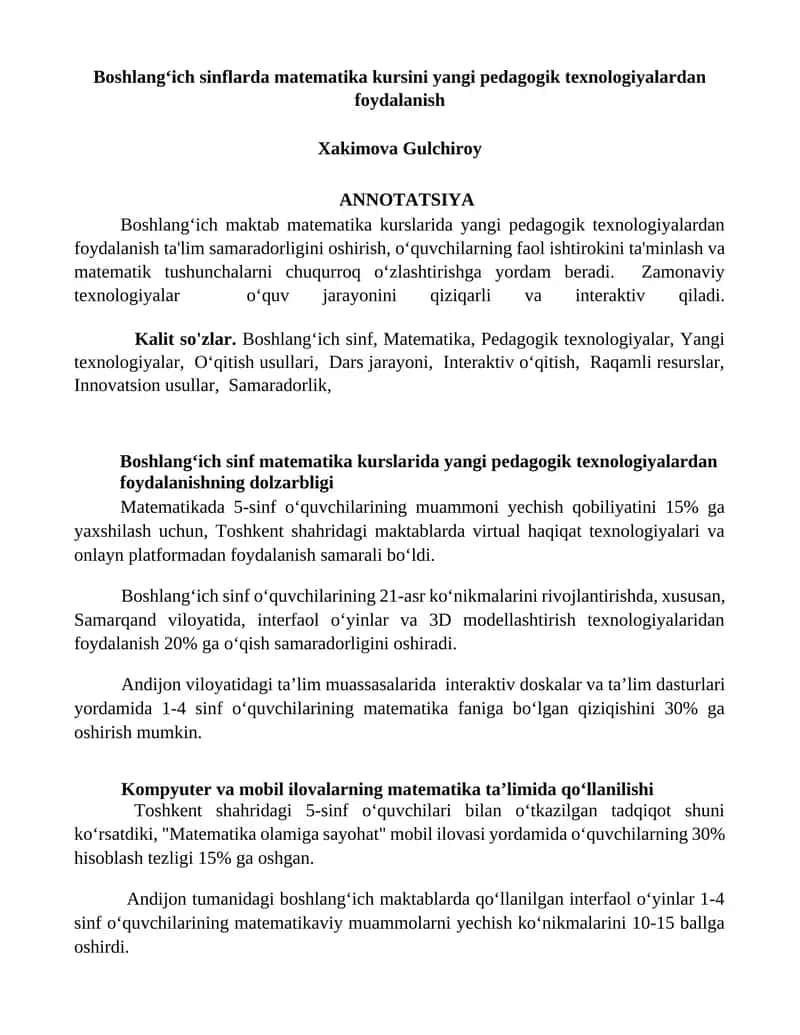 Boshlangʻich sinflarda matematika kursi 1