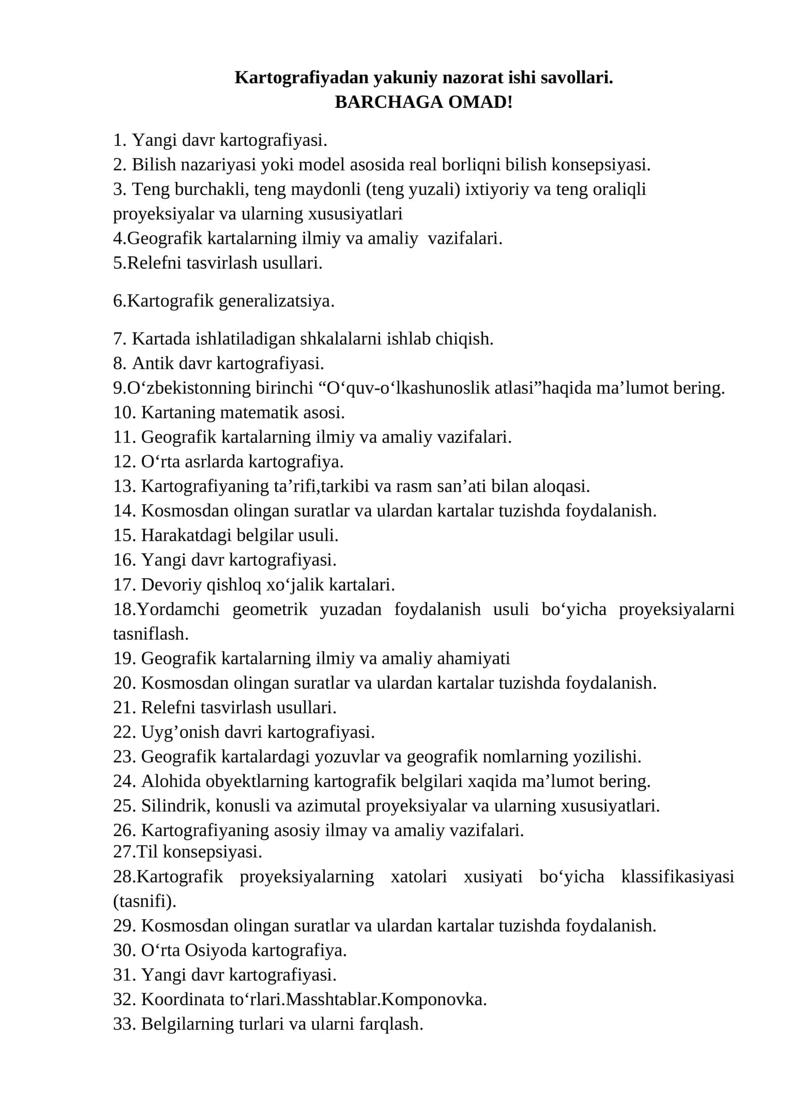 Kartografiyadan yakuniy nazorat ishi savollari 1