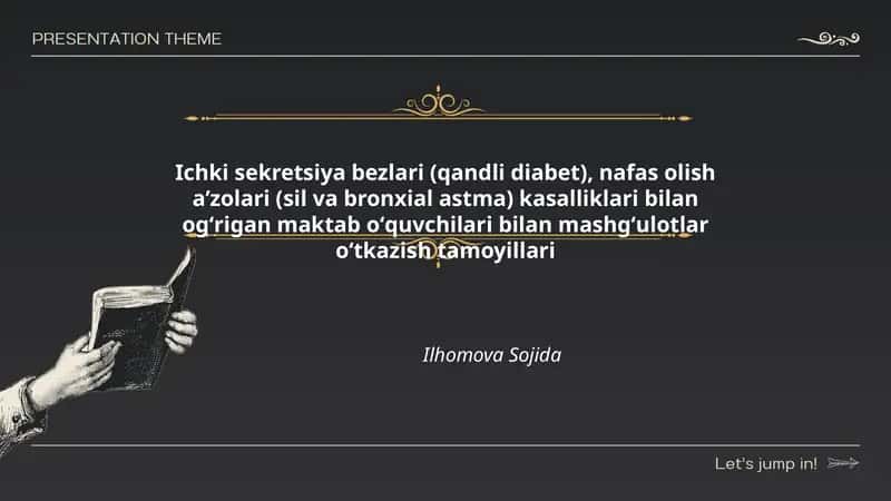 Ichki sekretsiya bezlari (qandli diabet), nafas olish aʼzolari (sil va bronxial astma) kasalliklari bilan ogʻrigan maktab oʻquvchilari bilan mashgʻulotlar oʻtkazish tamoyillari 1