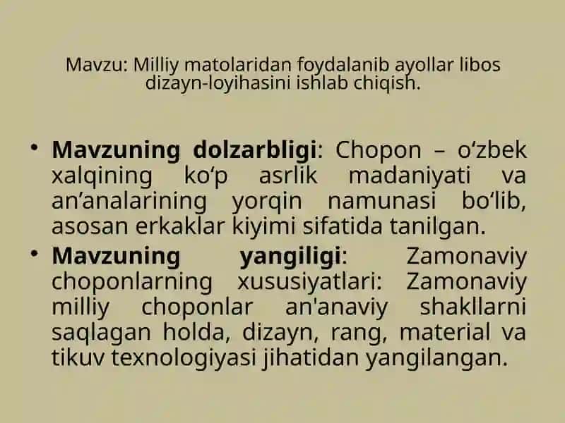 Milliy matolaridan foydalanib ayollar libos dizayn-loyihasini ishlab chiqish