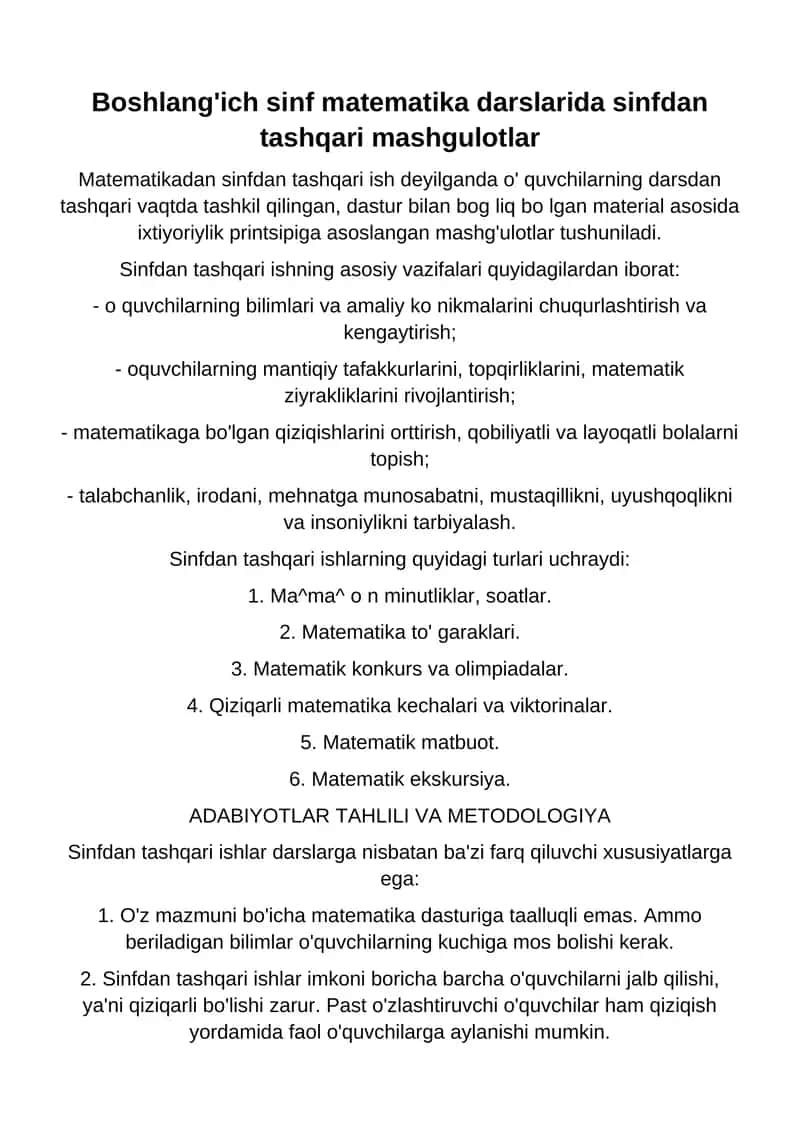 Sinfdan tashqari matematika mashg'ulotlari 1